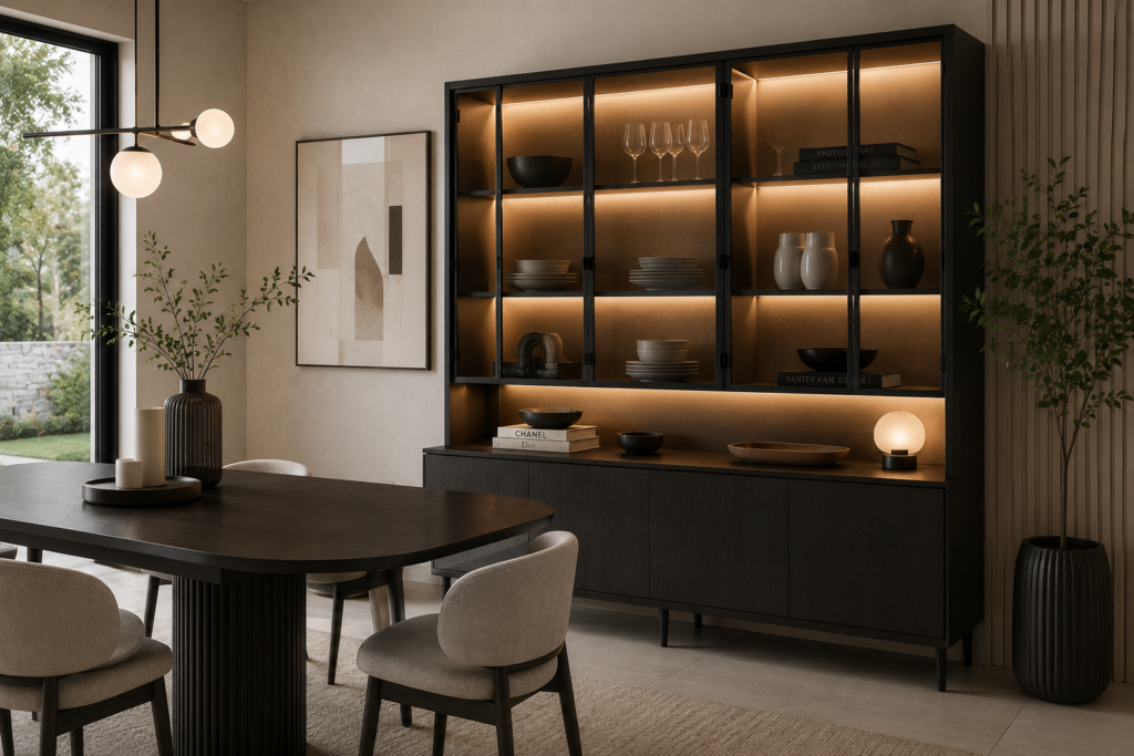 Vaisselier moderne en bois et verre installé dans une salle à manger contemporaine