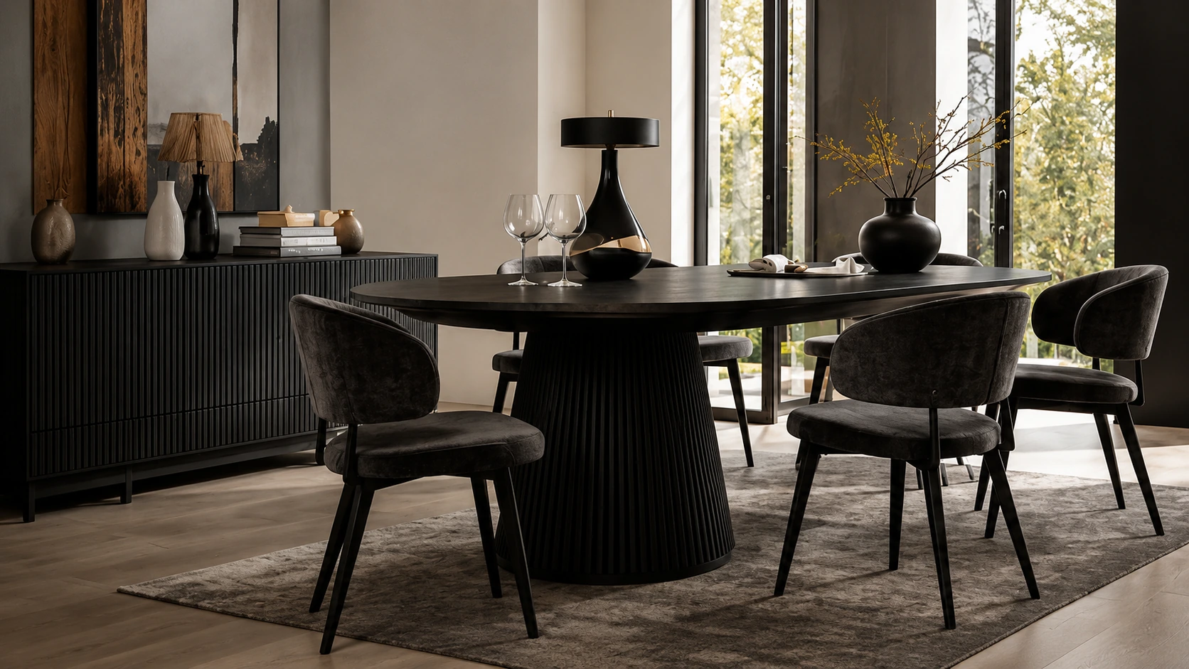 Salle à manger contemporaine dans des tons noirs et naturels