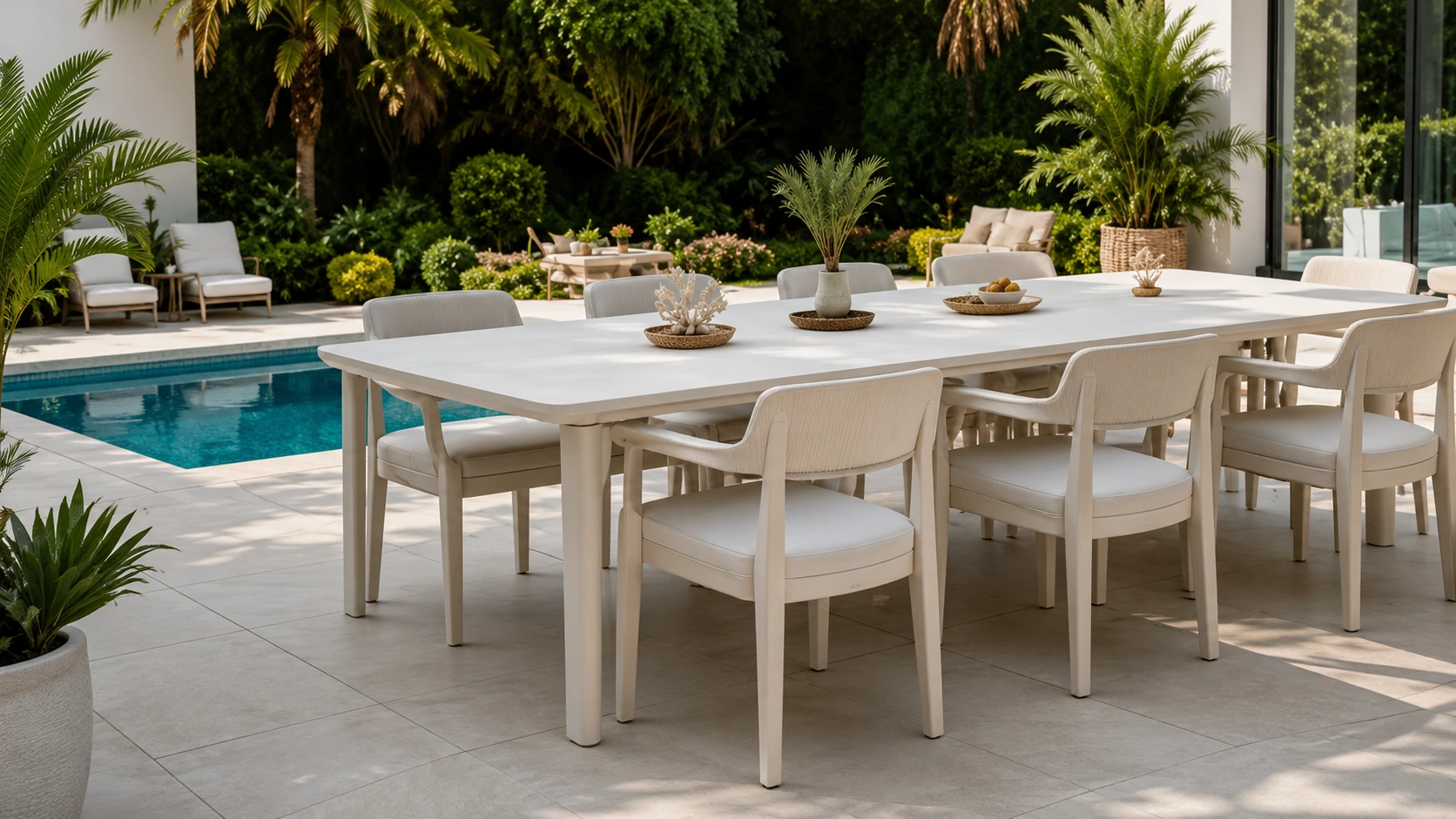 Grande table de jardin installée près d’une piscine