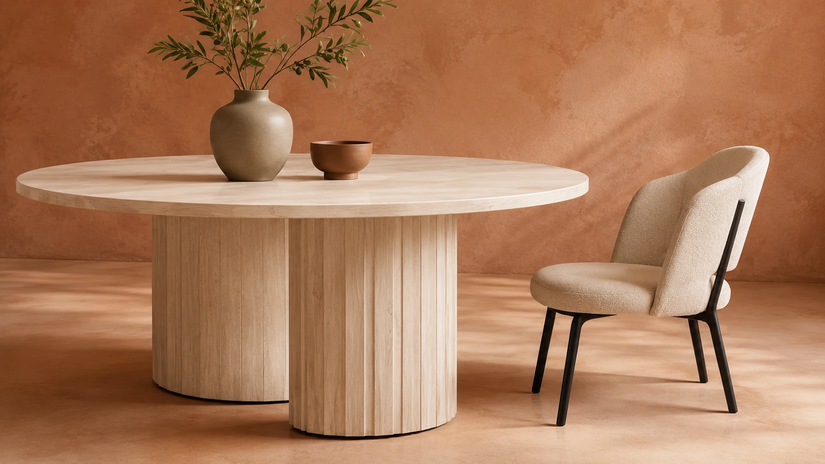 Table ronde en bois clair dans un décor aux tons terracotta