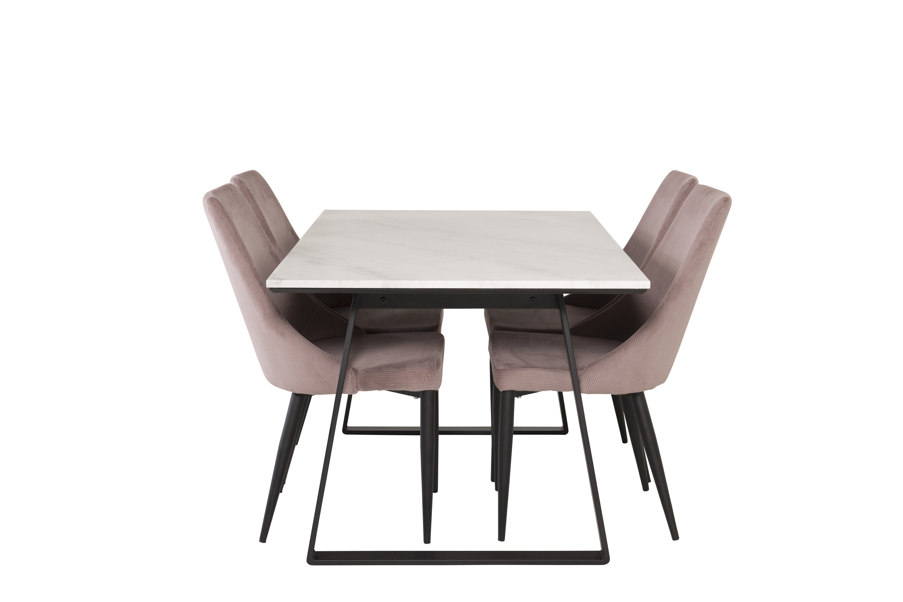 Détail du ensemble repas rectangulaire Estelle, Leone blanc, noir, rose poudré Table : 74,5 x 140 x 90 Chaise : 63 x 91 x 46,5 cm