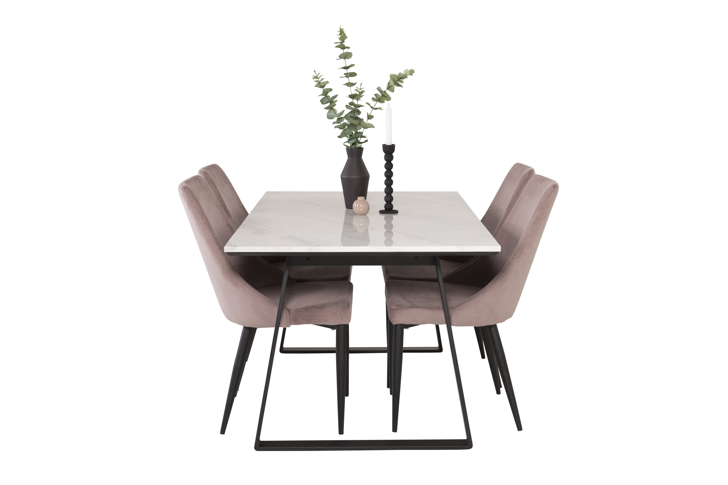 Détail du ensemble repas rectangulaire Estelle, Leone blanc, noir, rose poudré Table : 74,5 x 140 x 90 Chaise : 63 x 91 x 46,5 cm