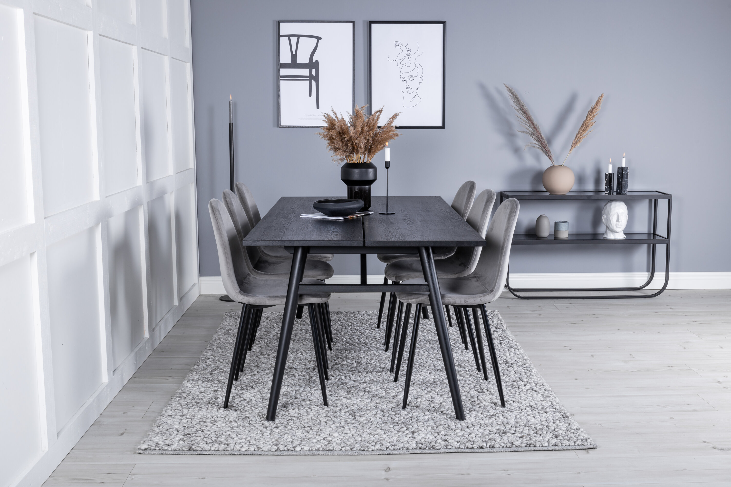Détail du ensemble repas rectangulaire Sleek, Polar noir, gris, brossé clair Table : 75 x 195 x 95 Chaise : 53,3 x 88 x 42,5 cm