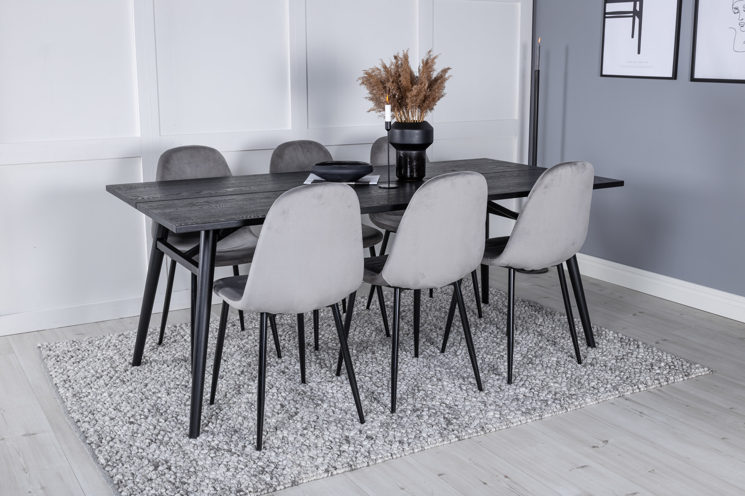 Détail du ensemble repas rectangulaire Sleek, Polar noir, gris, brossé clair Table : 75 x 195 x 95 Chaise : 53,3 x 88 x 42,5 cm