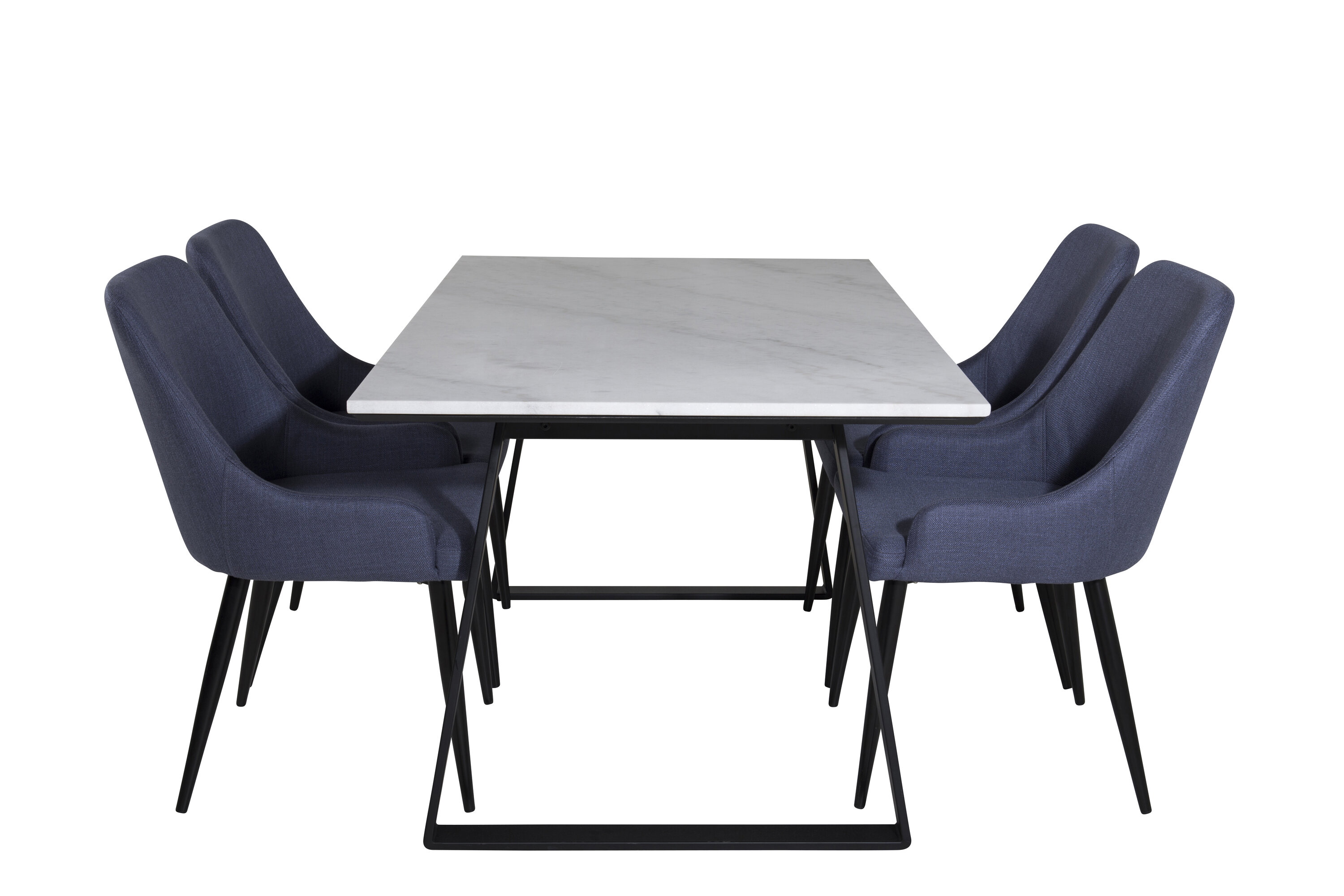 Détail du ensemble repas rectangulaire Estelle, Plaza blanc, noir, bleu Table : 74,5 x 140 x 90 Chaise : 58 x 86 x 49 cm
