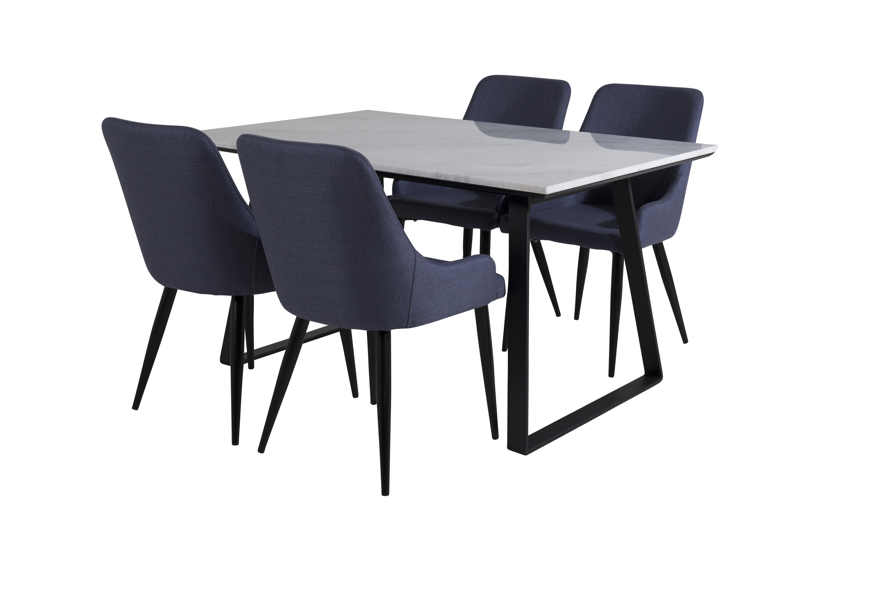 Détail du ensemble repas rectangulaire Estelle, Plaza blanc, noir, bleu Table : 74,5 x 140 x 90 Chaise : 58 x 86 x 49 cm