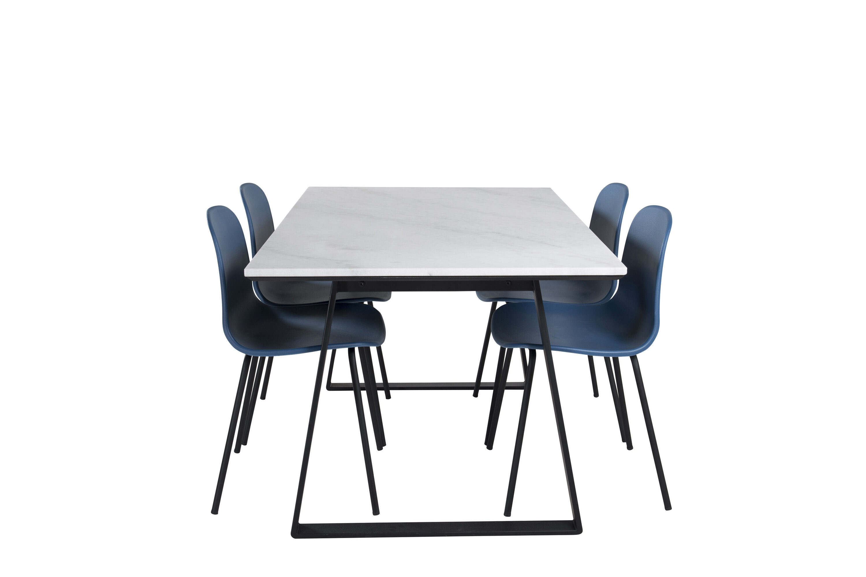 Détail du ensemble repas rectangulaire Estelle, Arctic blanc, noir, bleu Table : 74,5 x 140 x 90 Chaise : 47,5 x 82 x 49 cm