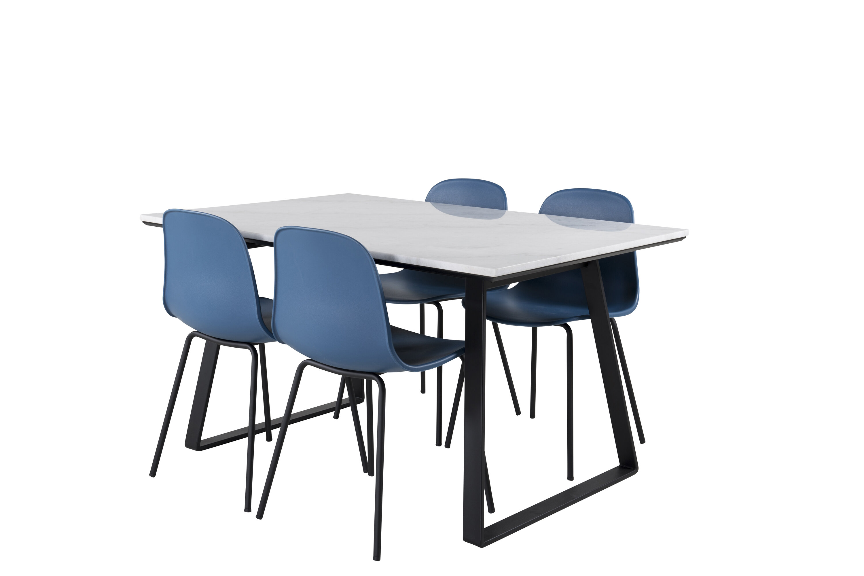 Détail du ensemble repas rectangulaire Estelle, Arctic blanc, noir, bleu Table : 74,5 x 140 x 90 Chaise : 47,5 x 82 x 49 cm