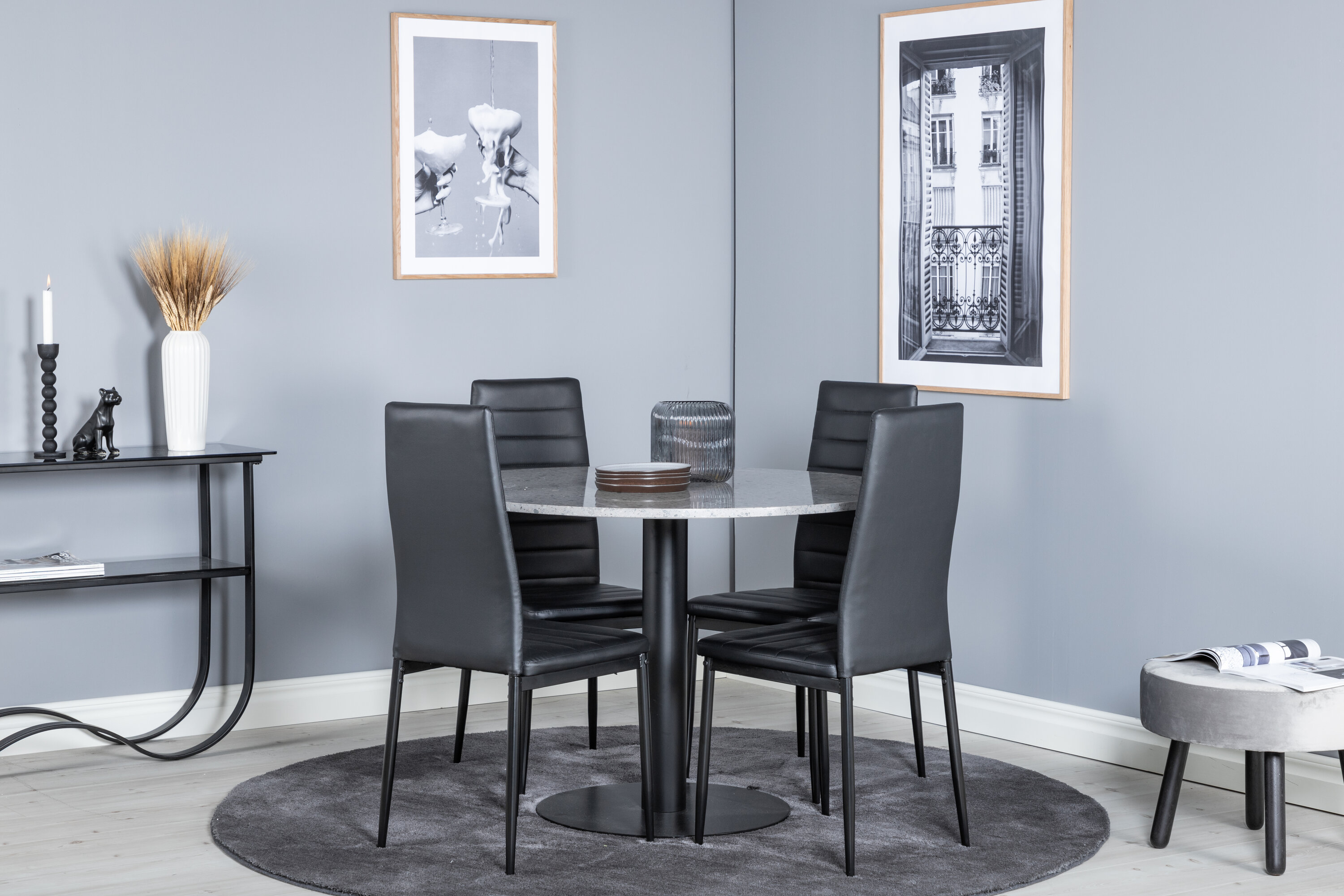 Détail du ensemble repas rond Razzia, Slim gris, noir Table : ⌀106 Chaise : 48 x 98 x 42 cm