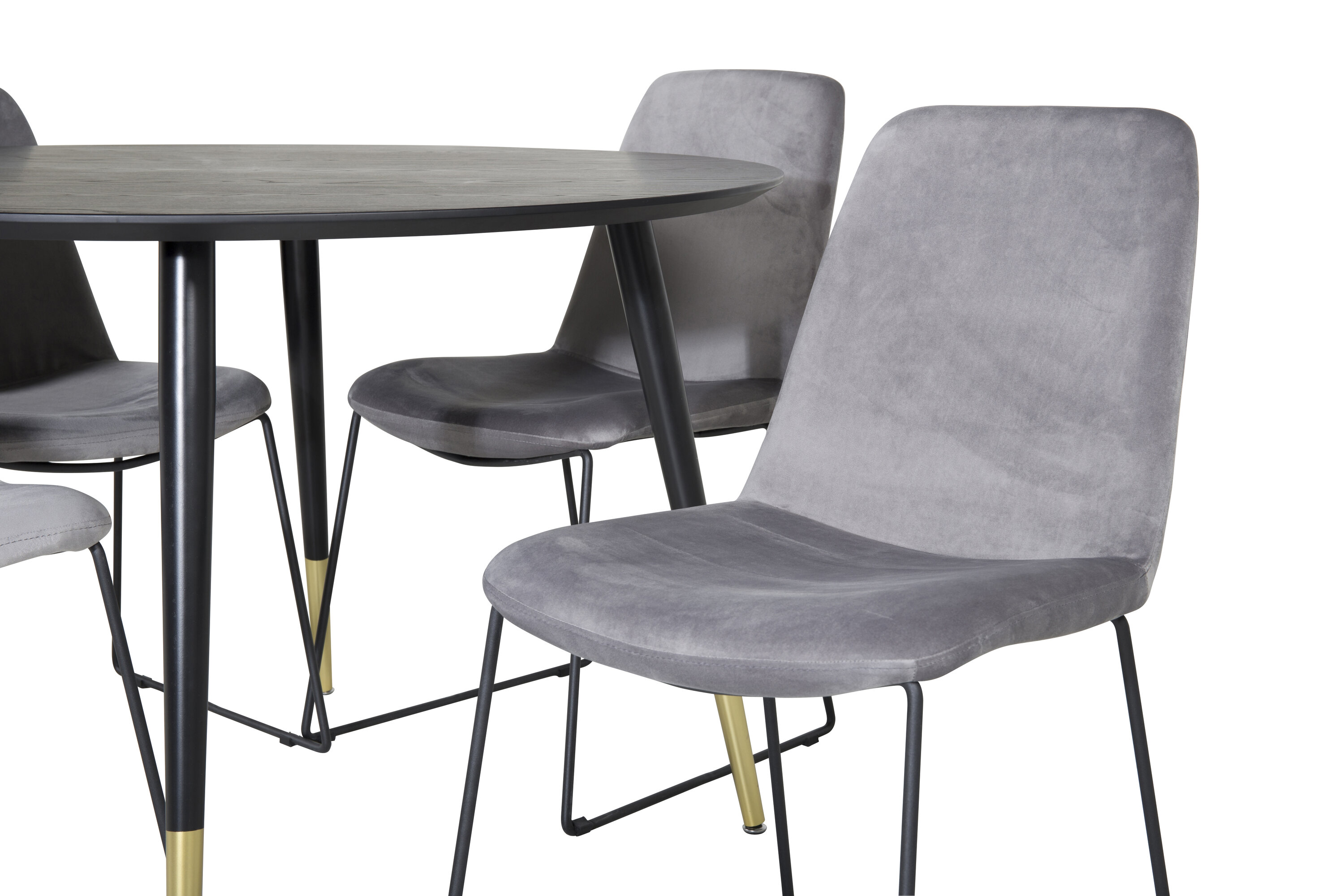 Détail du ensemble repas rond Dipp, Muce noir, gris, doré Table : ⌀115 Chaise : 63 x 84 x 43 cm