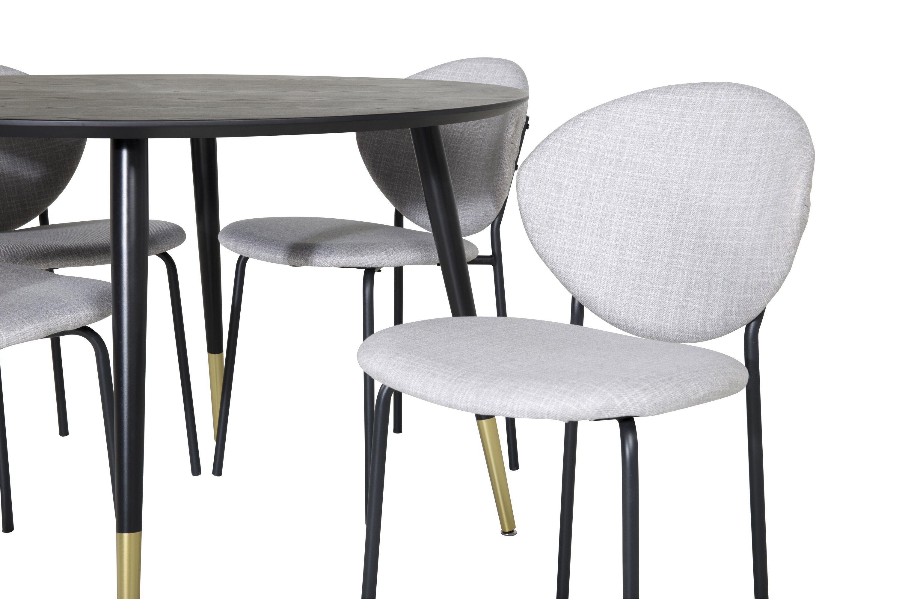 Détail du ensemble repas rectangulaire Dipp, Vault noir, gris, doré Table : ⌀115 Chaise : 61,5 x 80 x 46 cm