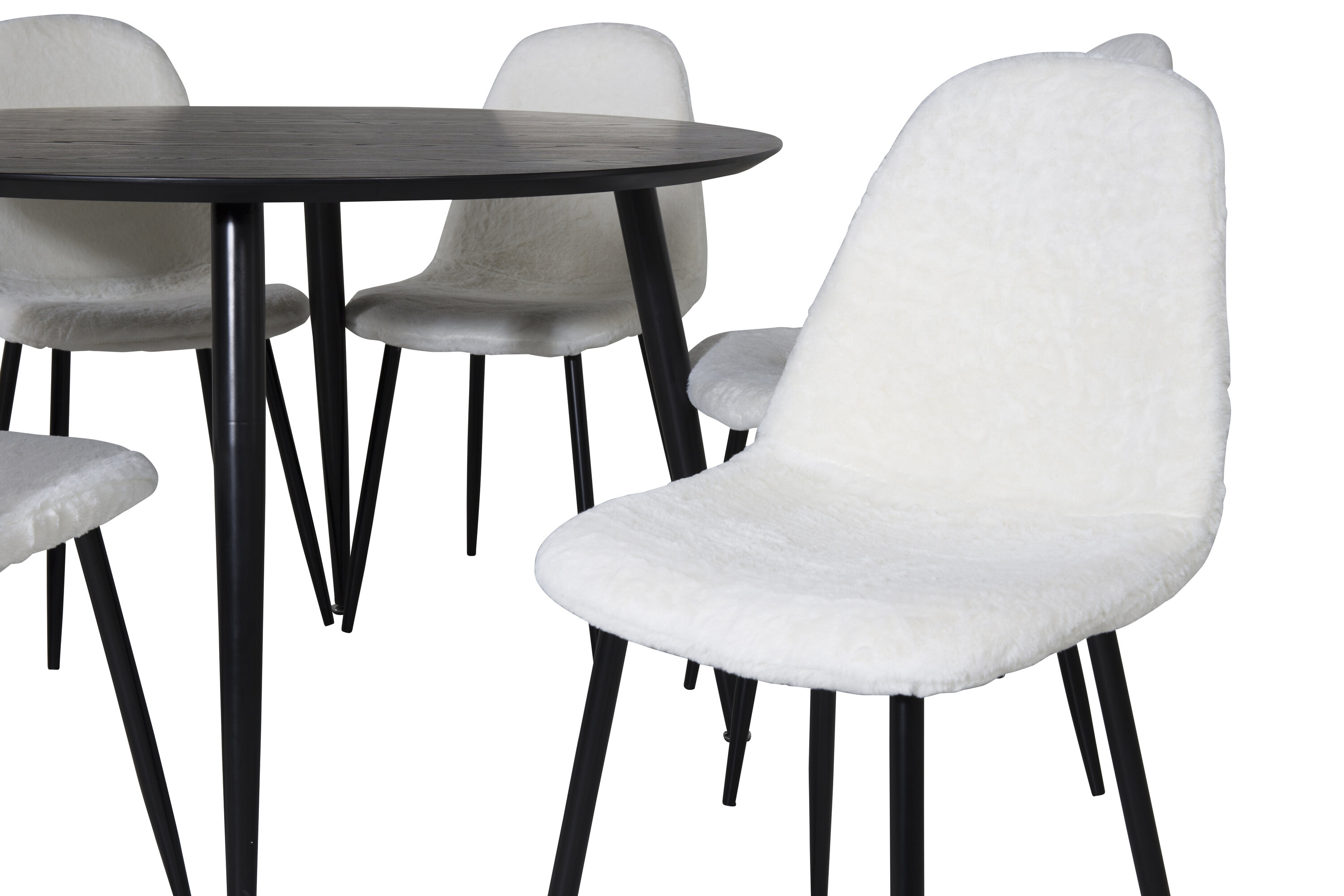 Détail du ensemble repas rond Dipp, Polar noir, blanc Table : ⌀115 Chaise : 53 x 87 x 44 cm