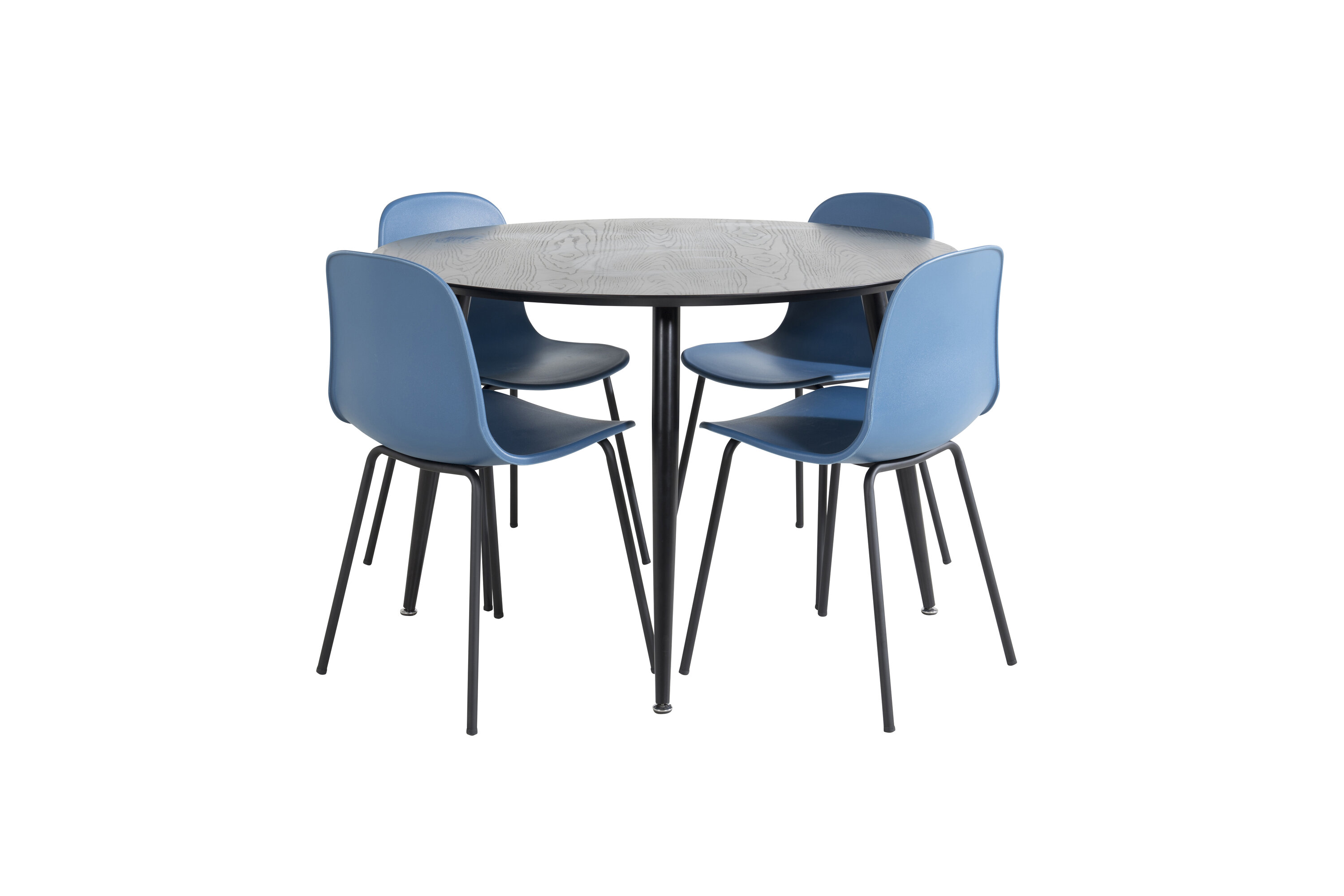 Détail du ensemble repas rond Dipp, Arctic noir, bleu Table : ⌀115 Chaise : 47,5 x 82 x 49 cm