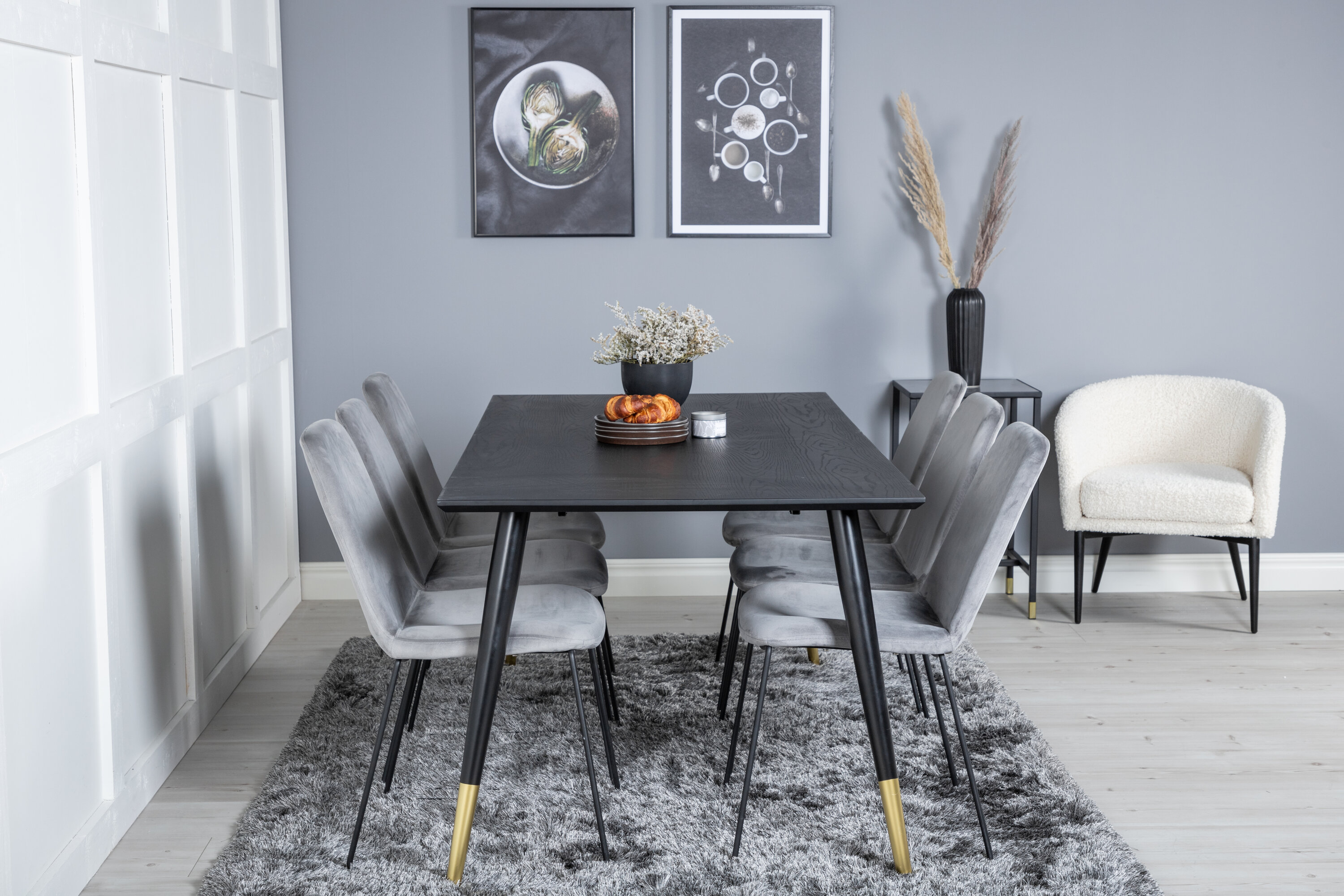 Détail du ensemble repas rectangulaire Dipp, Muce noir, gris, doré Table : 75 x 180 x 90 Chaise : 63 x 84 x 43 cm