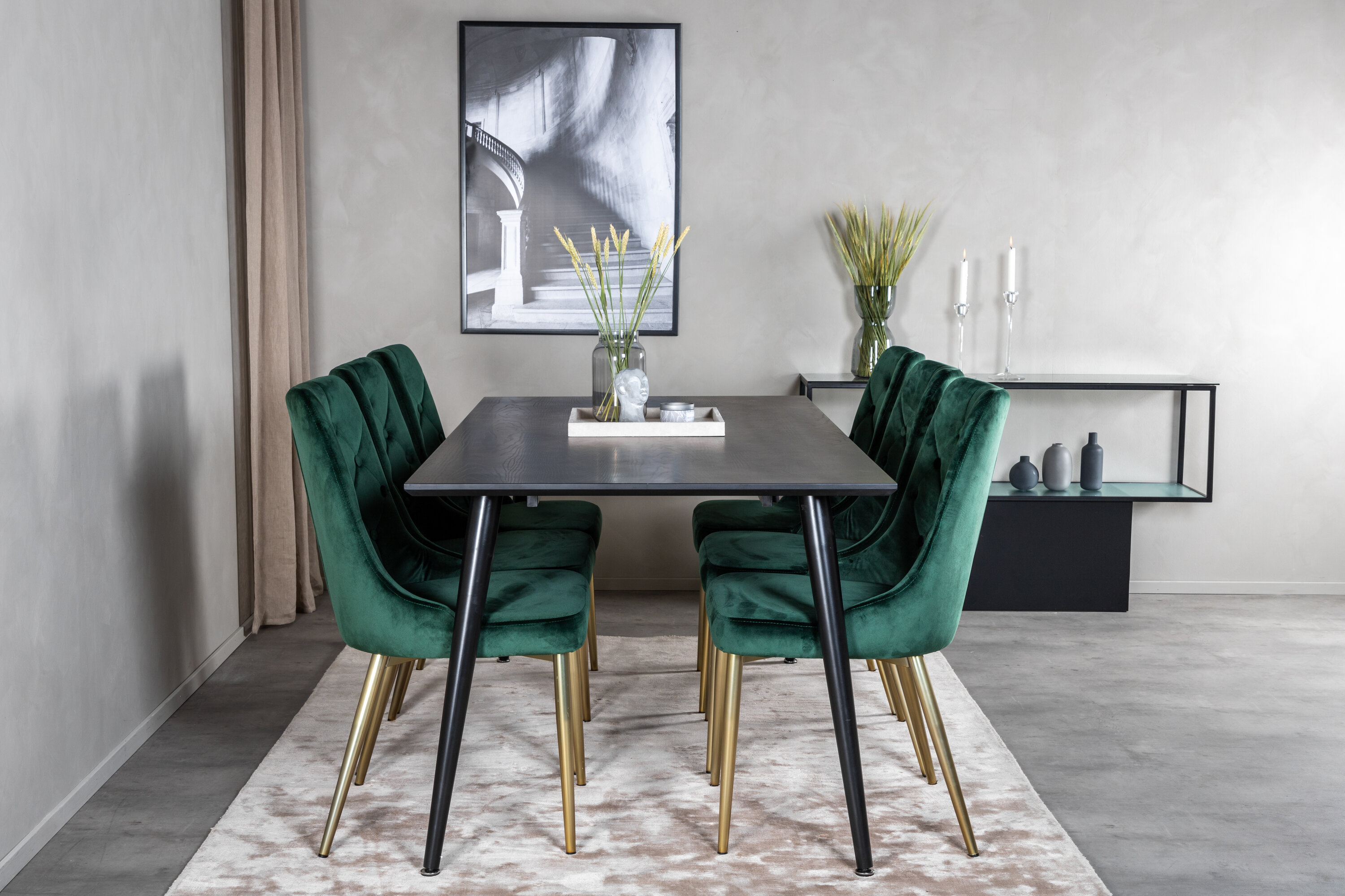 Détail du ensemble repas rectangulaire Dipp, Velvet Deluxe noir, doré, vert Table : 75,5 x 180 x 90 Chaise : 66 x 88,5 x 50 cm