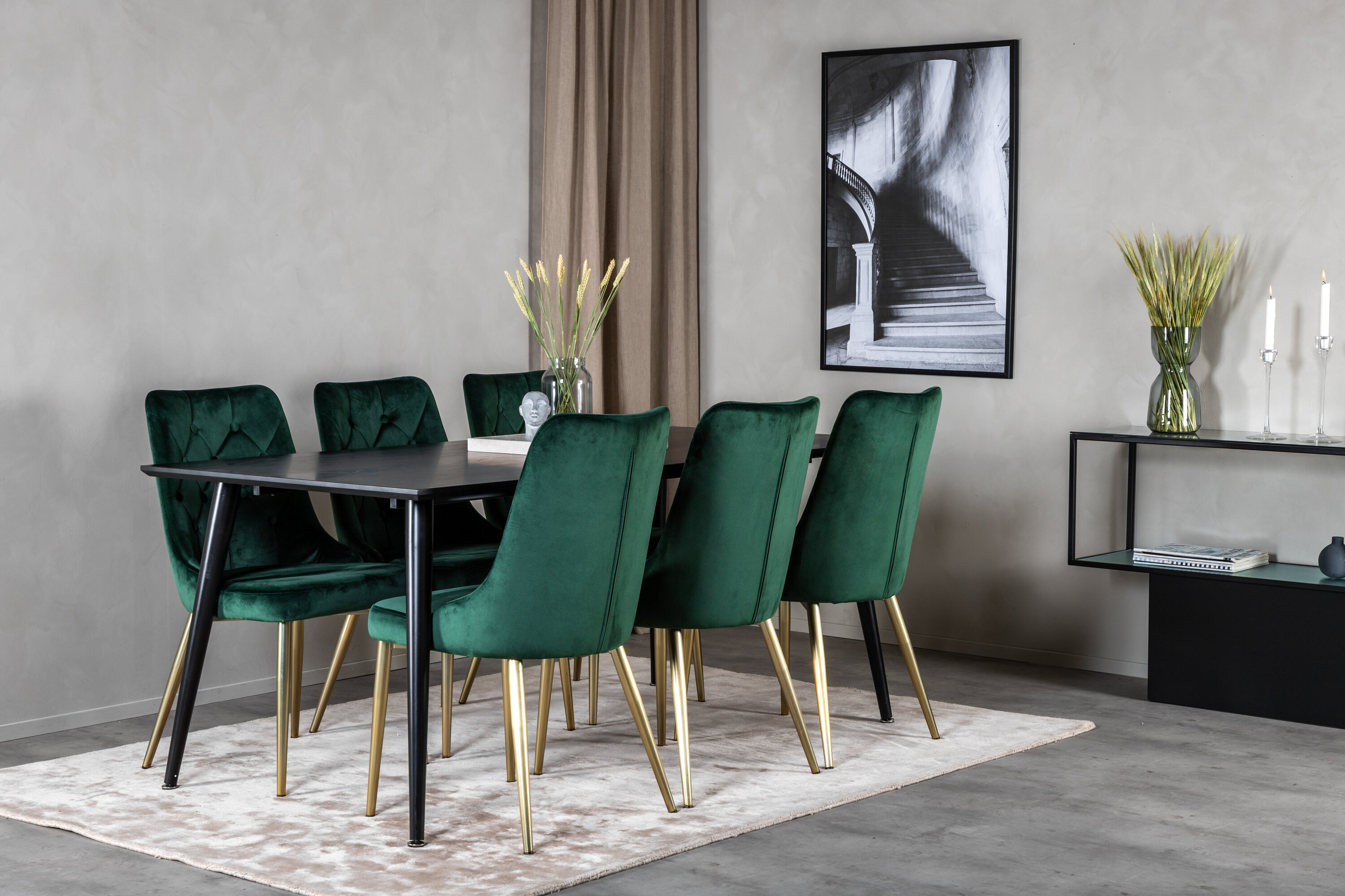Détail du ensemble repas rectangulaire Dipp, Velvet Deluxe noir, doré, vert Table : 75,5 x 180 x 90 Chaise : 66 x 88,5 x 50 cm