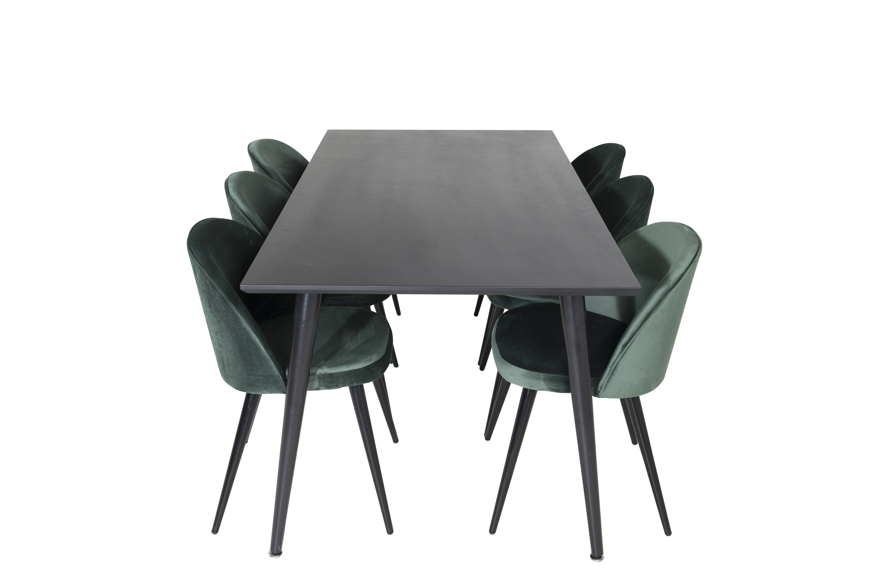Détail du ensemble repas rectangulaire Dipp, Velvet noir, vert Table : 75,5 x 180 x 90 Chaise : 57 x 76,5 x 50 cm