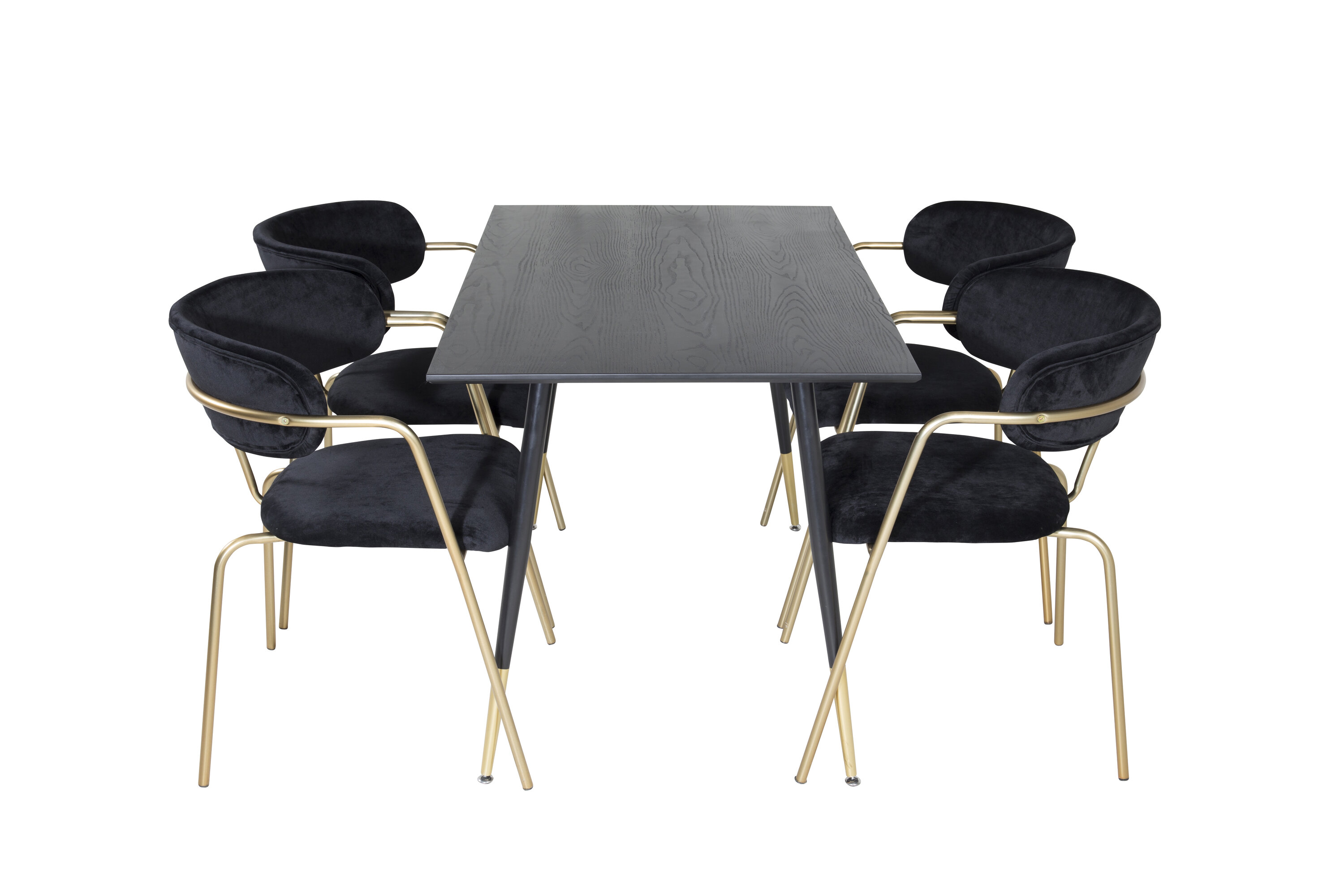 Détail du ensemble repas rond Dipp, Arrow noir, doré Table : 75 x 120 x 85 Chaise : 61 x 79 x 58 cm