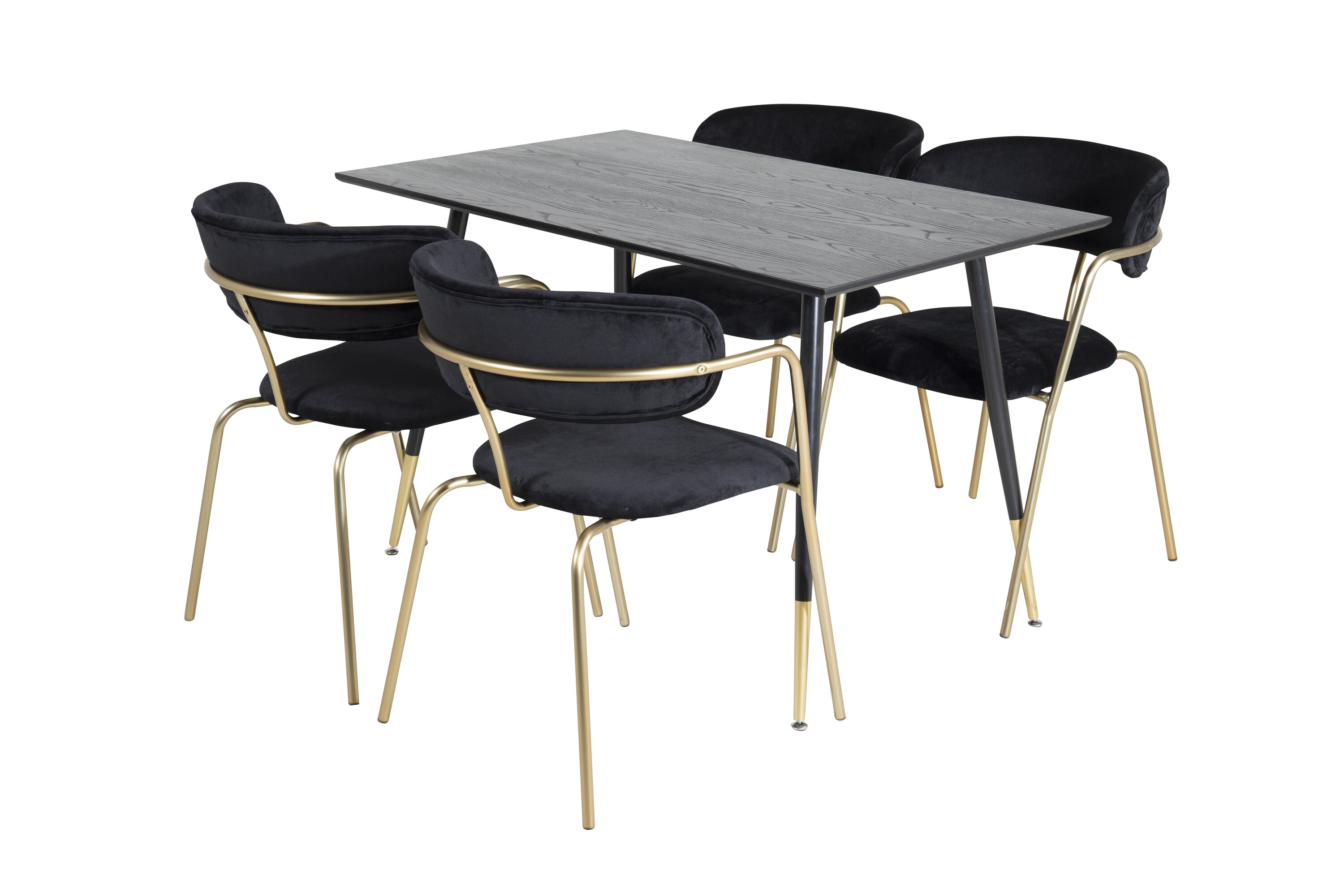 Détail du ensemble repas rond Dipp, Arrow noir, doré Table : 75 x 120 x 85 Chaise : 61 x 79 x 58 cm