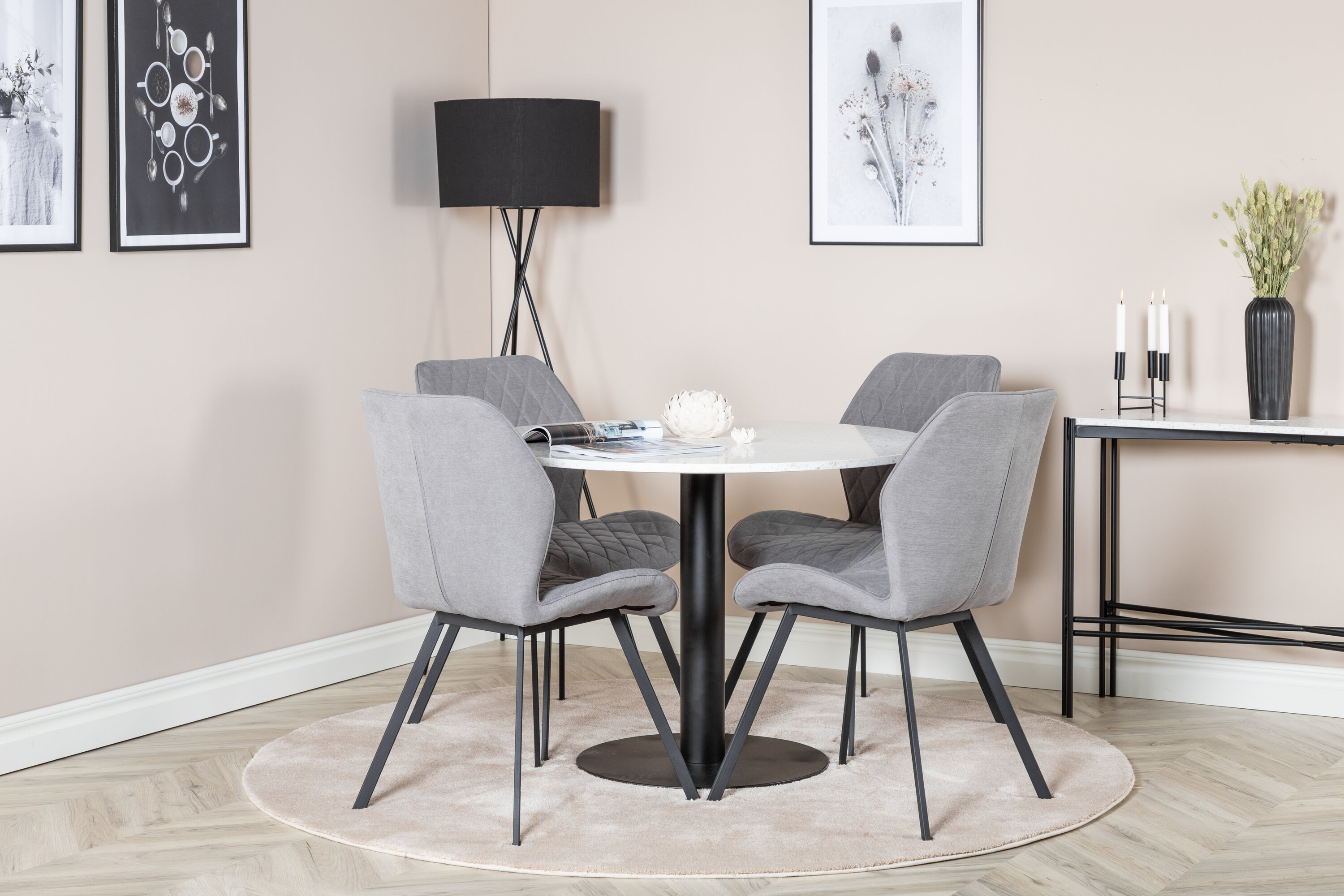 Détail du ensemble repas rond Razzia, Gemma blanc, noir, gris Table : ⌀106 Chaise : 63 x 90 x 50 cm