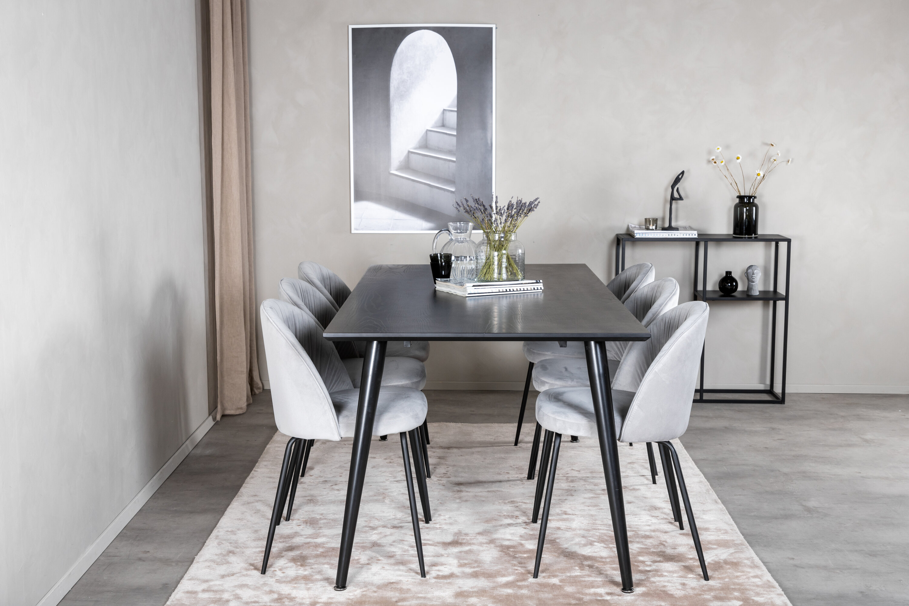 Détail du ensemble repas rectangulaire Dipp, Wrinkles noir, gris Table : 75,5 x 180 x 90 Chaise : 50 x 79,5 x 49 cm