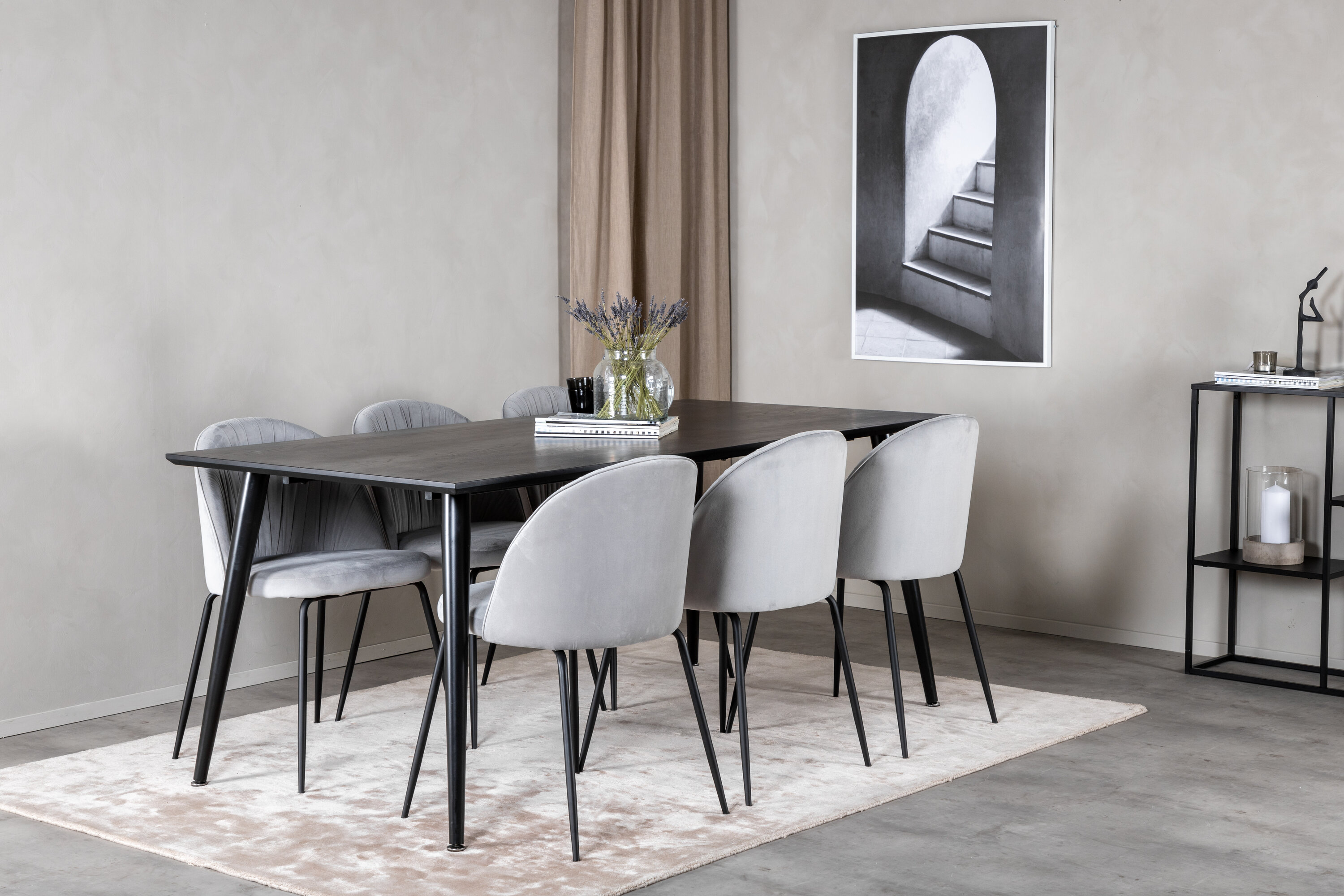 Détail du ensemble repas rectangulaire Dipp, Wrinkles noir, gris Table : 75,5 x 180 x 90 Chaise : 50 x 79,5 x 49 cm