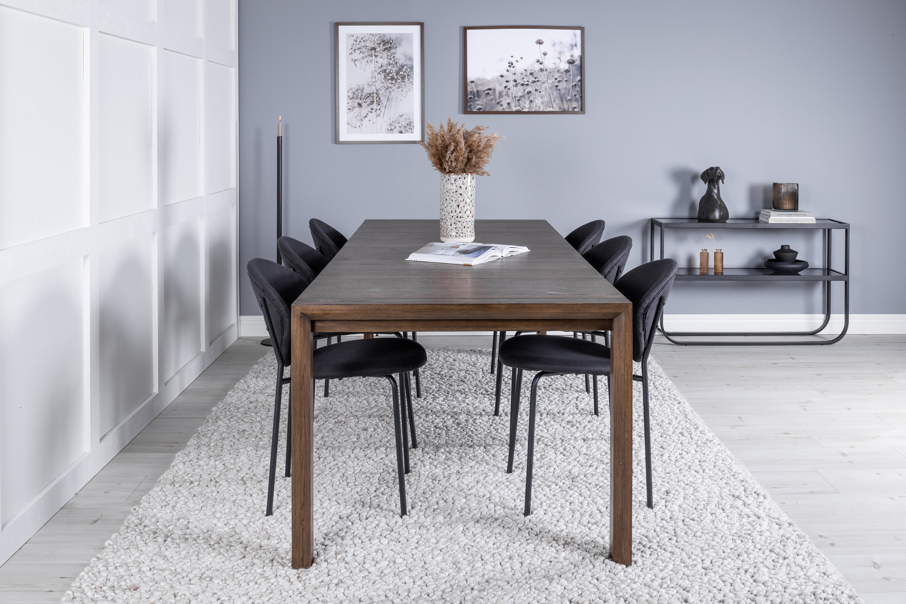 Détail du ensemble repas rectangulaire Slider, Vault naturel, noir Table : 75 x 170 x 95 Chaise : 61,5 x 80 x 46 cm