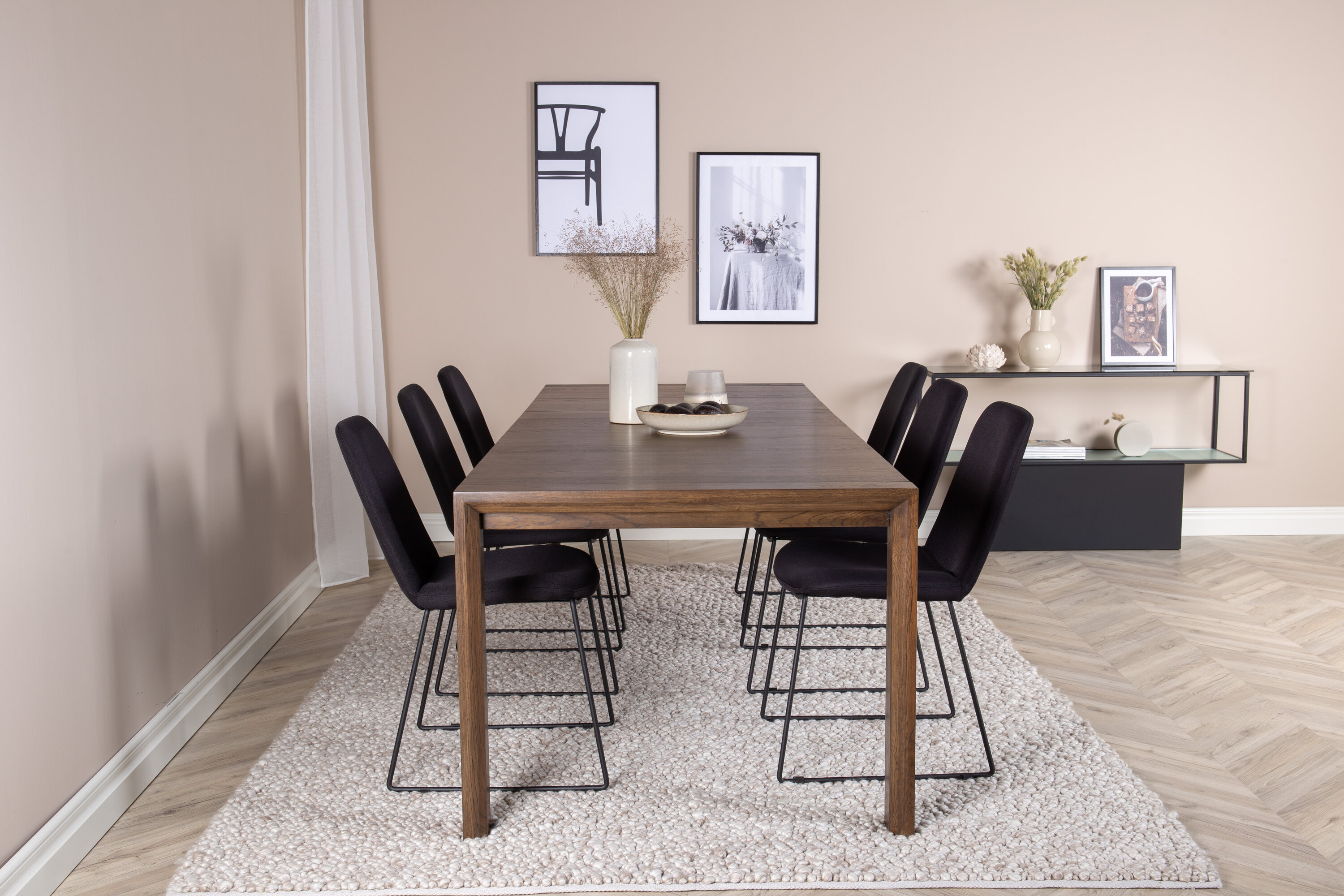 Détail du ensemble repas rectangulaire Slider, Muce naturel, noir Table : 75 x 170 x 95 Chaise : 63 x 84 x 43 cm