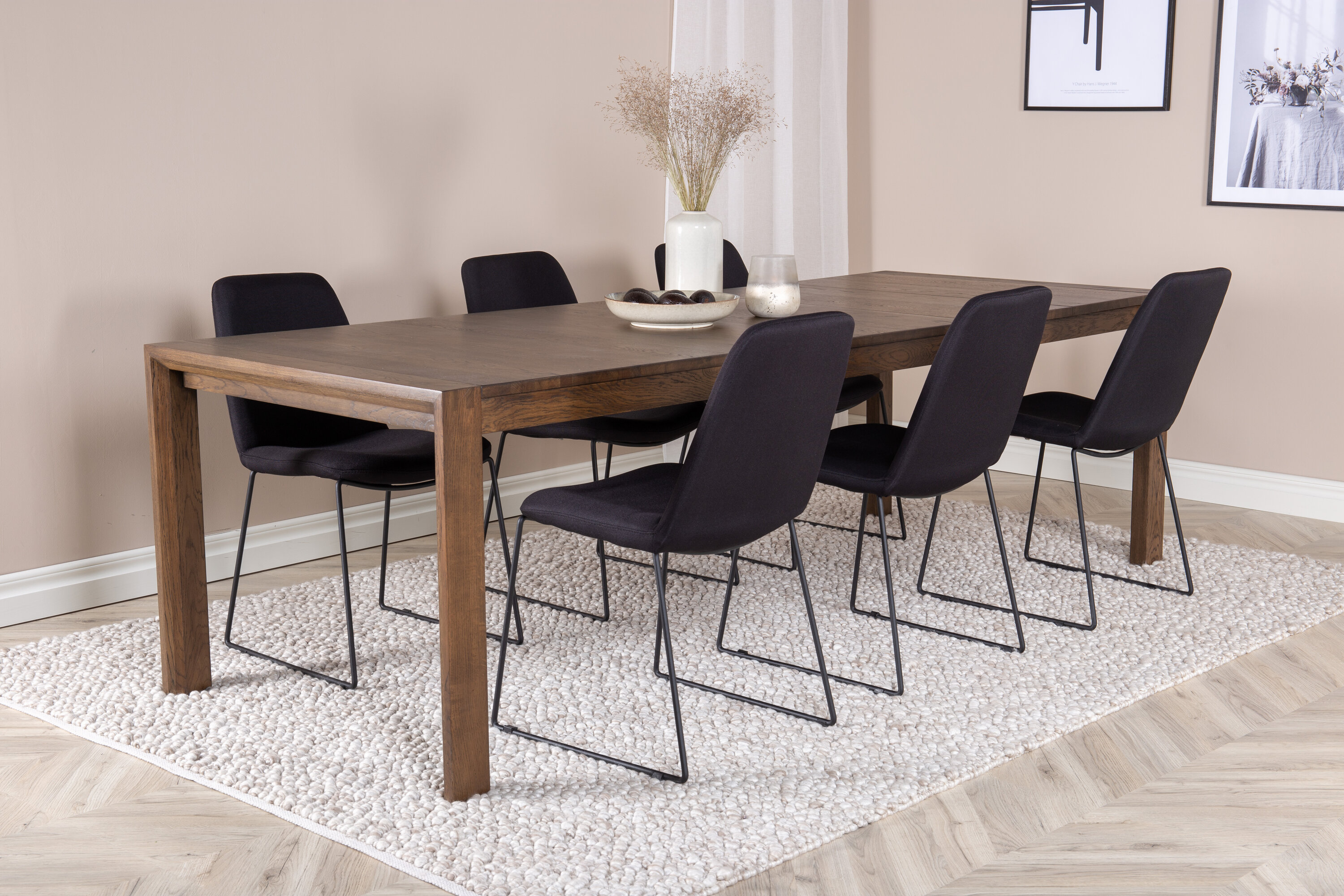 Détail du ensemble repas rectangulaire Slider, Muce naturel, noir Table : 75 x 170 x 95 Chaise : 63 x 84 x 43 cm