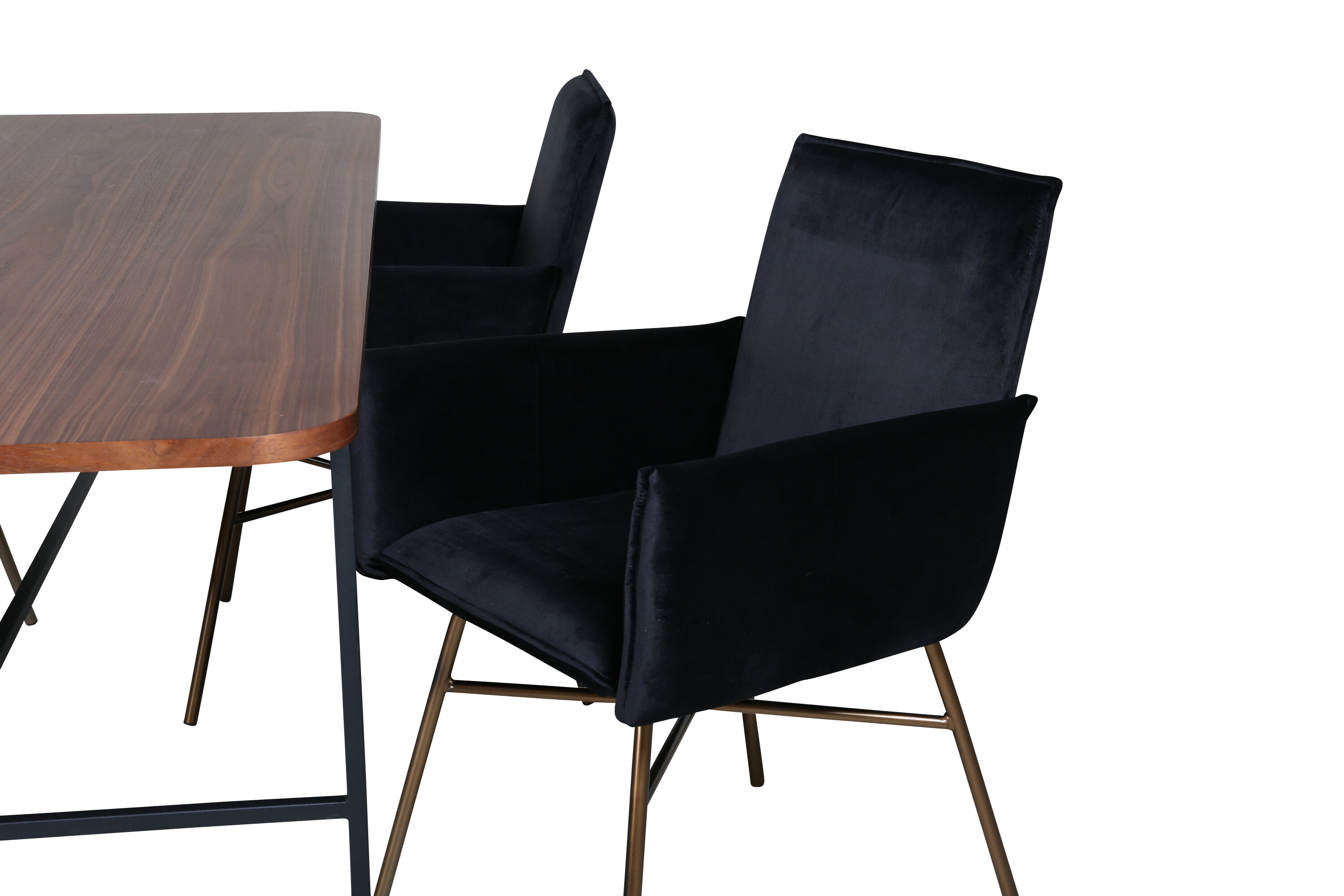 Détail du ensemble repas rectangulaire Uno, Petra noyer, noir, cuivré, naturel Table : 74 x 200 x 90 Chaise : 60 x 87 x 57 cm