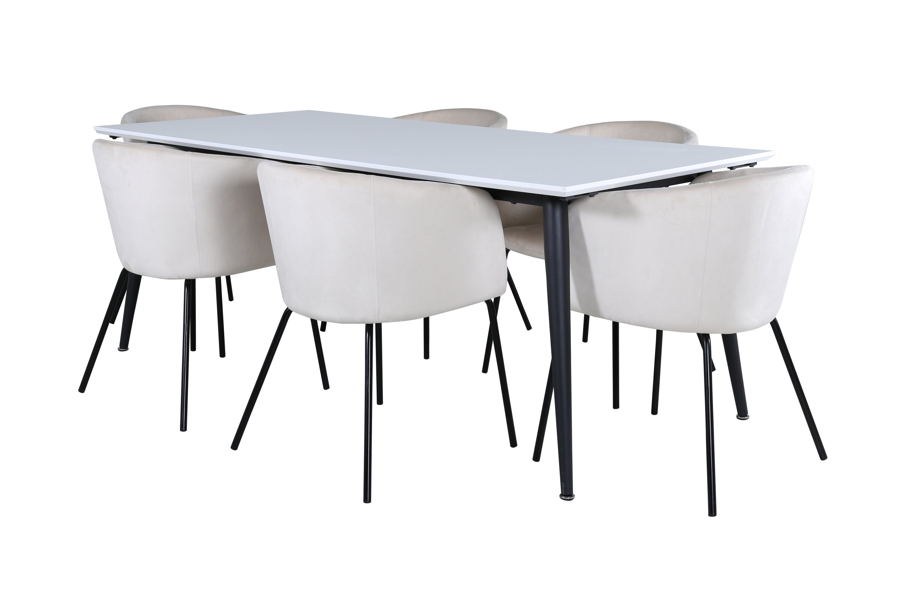 Détail du ensemble repas rectangulaire Jimmy, Berit blanc, beige, noir Table : 76 x 195 x 90 Chaise : 55 x 78 x 55 cm