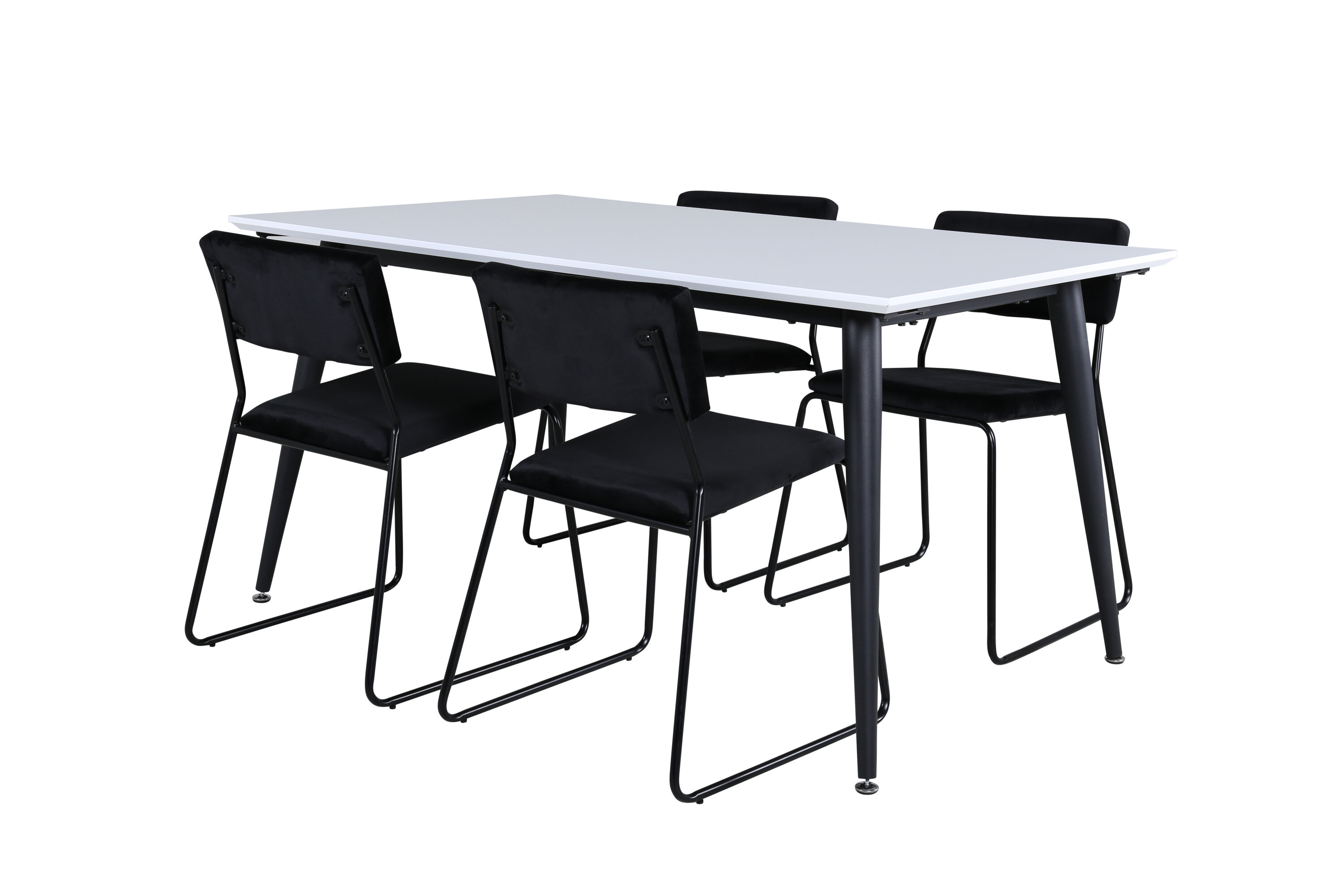 Détail du ensemble repas rectangulaire Jimmy, Kenth blanc, noir Table : 76 x 150 x 90 Chaise : 52 x 76 x 40 cm