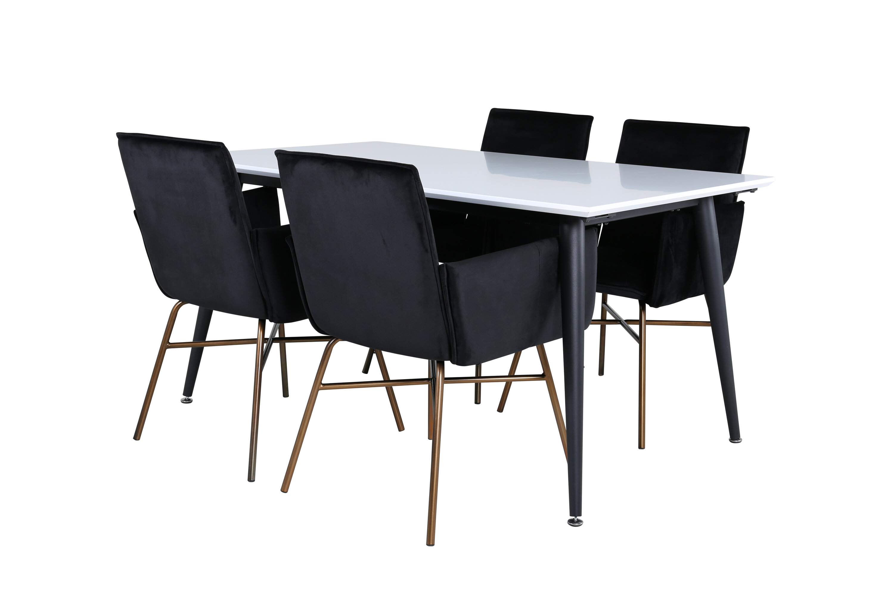 Détail du ensemble repas rectangulaire Jimmy, Petra blanc, noir, cuivré Table : 76 x 150 x 90 Chaise : 60 x 87 x 57 cm