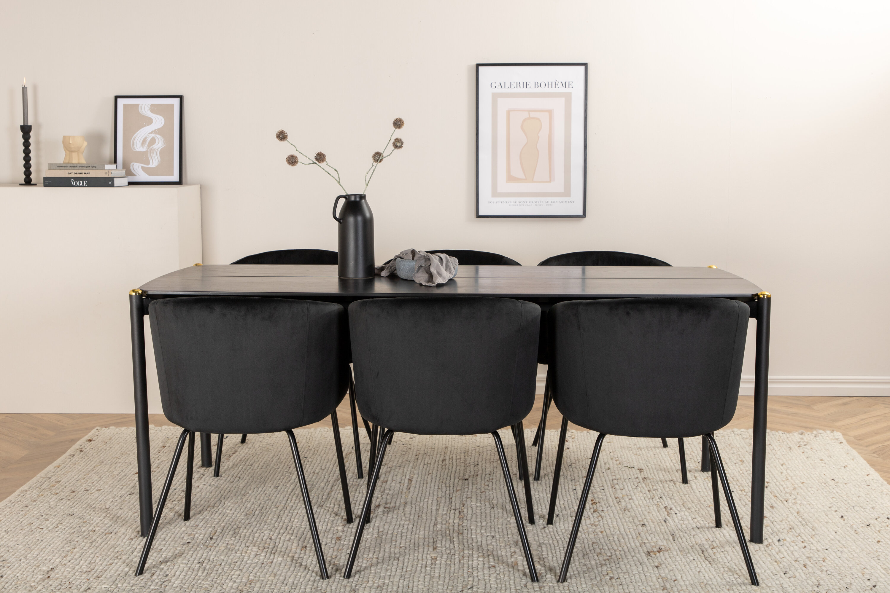 Détail du ensemble repas rectangulaire Pelle, Berit noir Table : 75 x 190 x 90 Chaise : 55 x 78 x 55 cm
