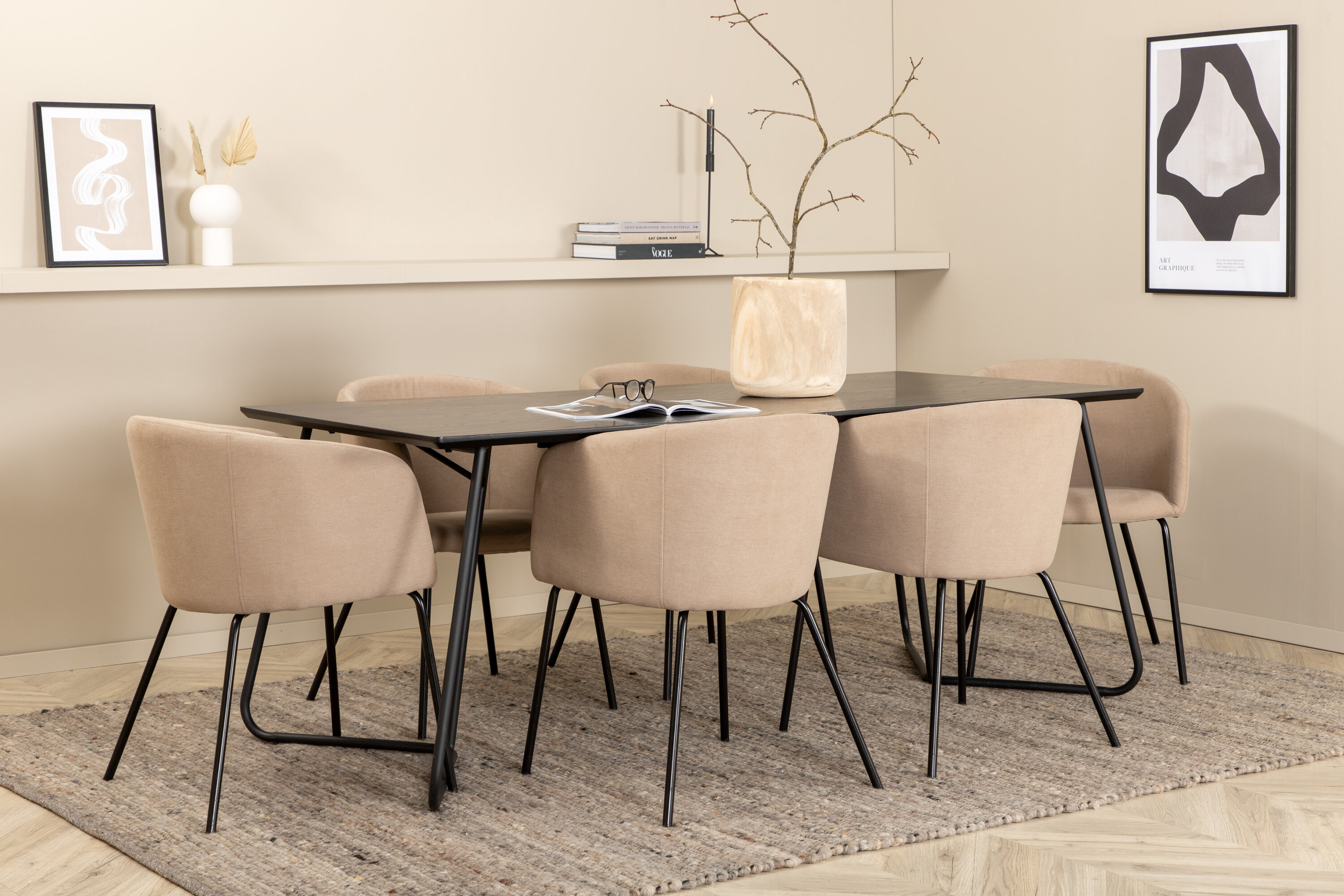 Détail du ensemble repas rectangulaire Petra, Berit noir, beige Table : 75 x 190 x 90 Chaise : 55 x 78 x 55 cm