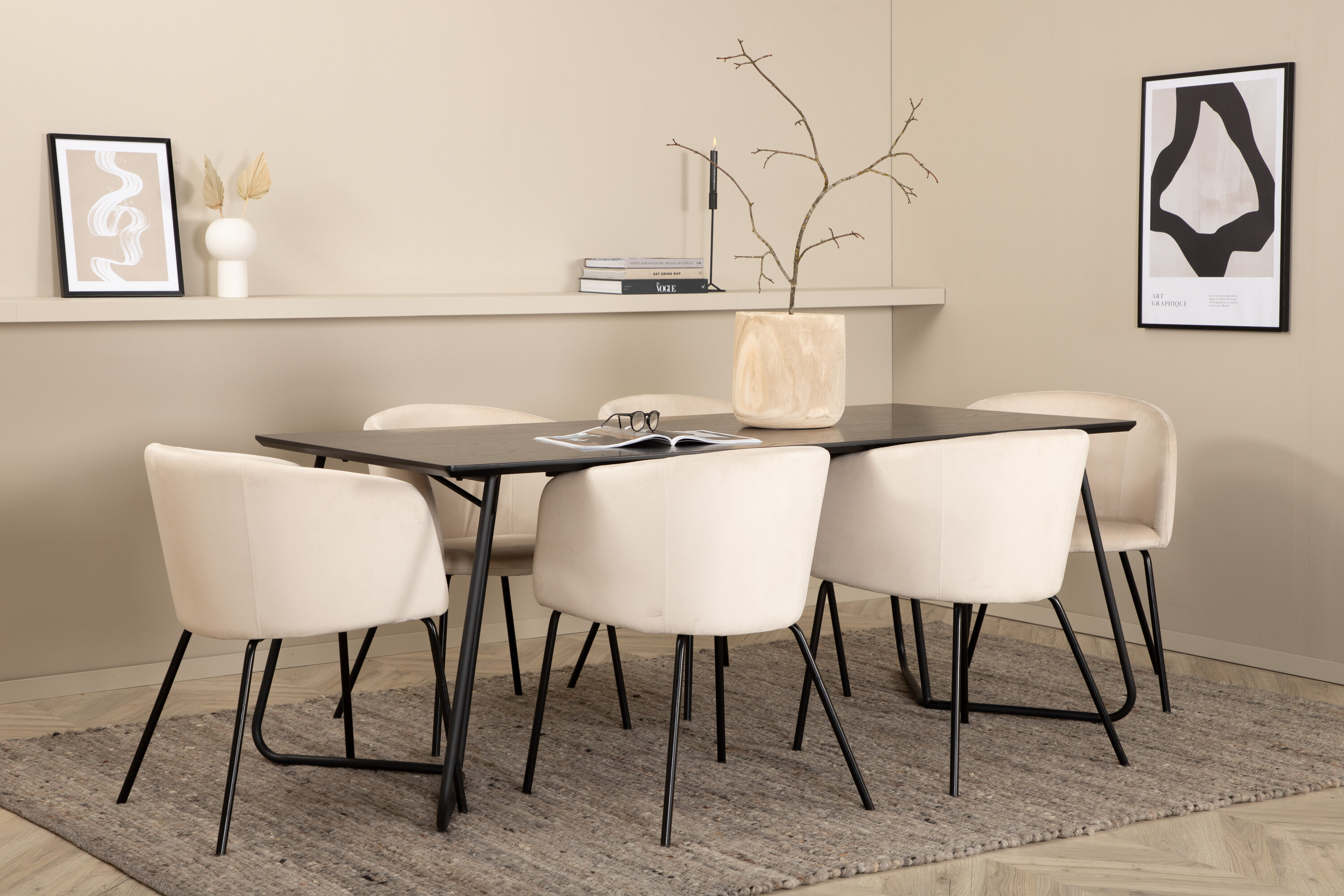 Détail du ensemble repas rectangulaire Petra, Berit noir, beige Table : 75 x 190 x 90 Chaise : 55 x 78 x 55 cm