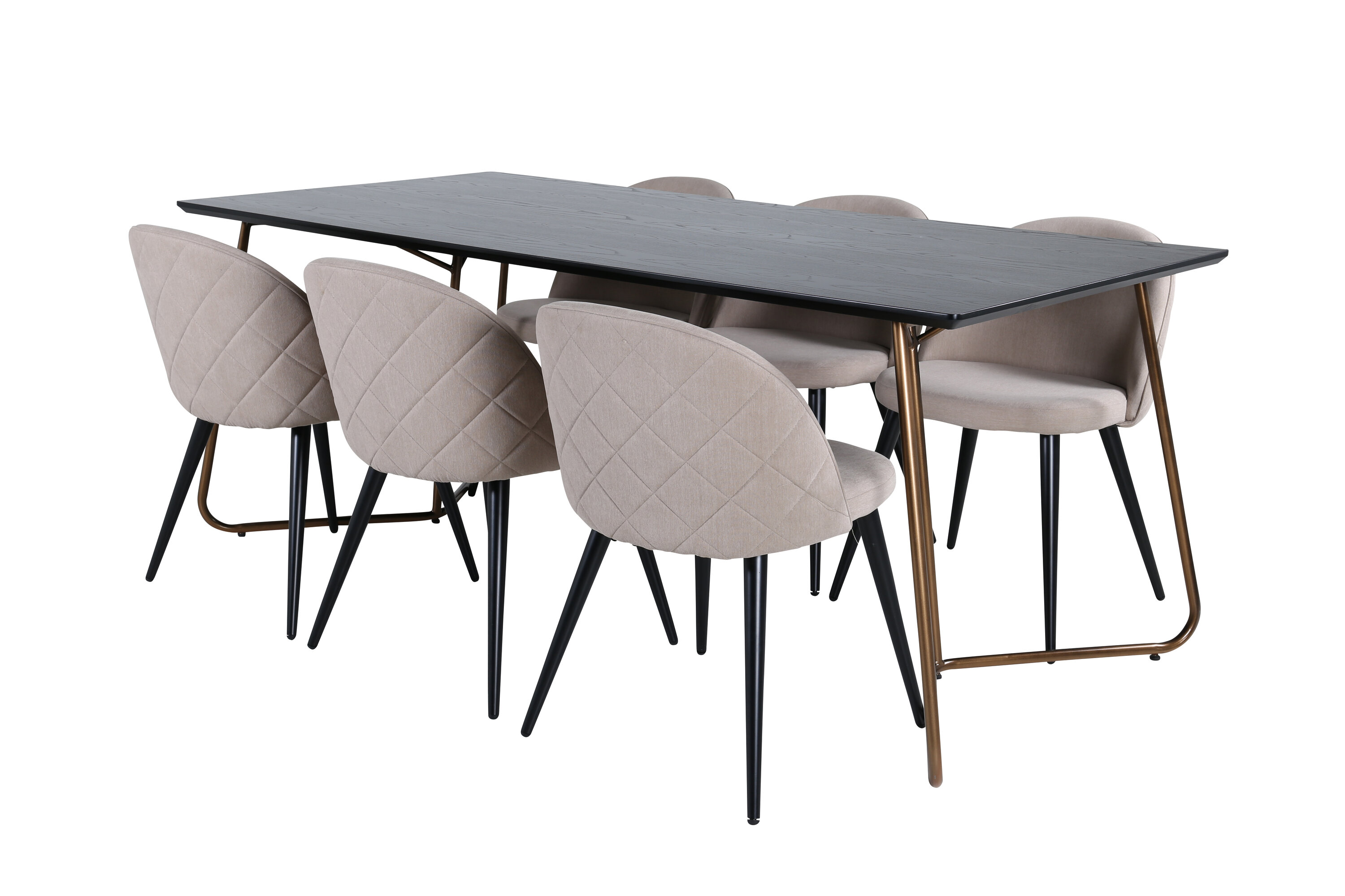 Détail du ensemble repas rectangulaire Petra, Velvet noir, beige, cuivré Table : 75 x 190 x 90 Chaise : 57 x 76,5 x 50 cm