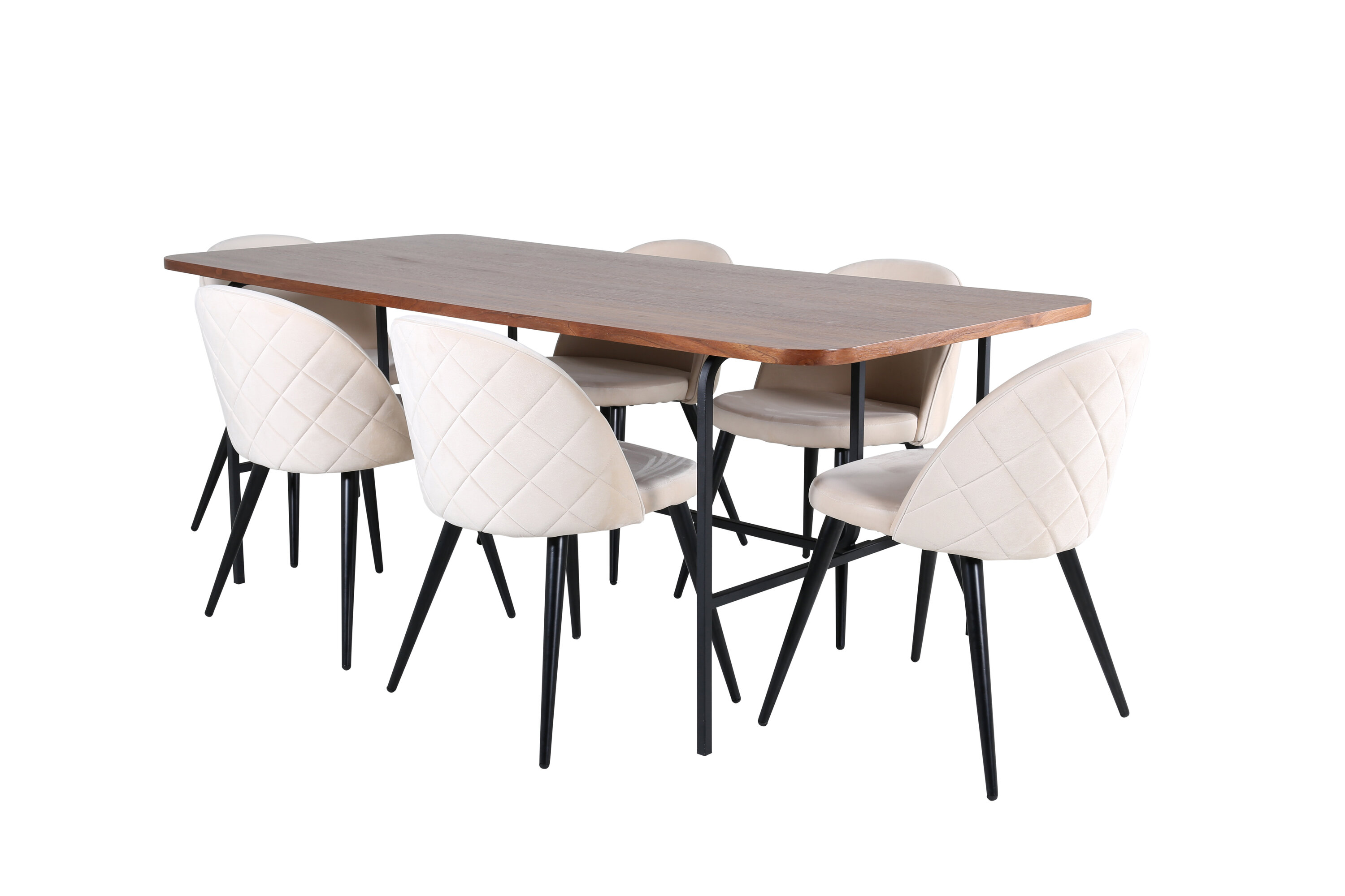 Détail du ensemble repas rectangulaire Uno, Velvet noyer, beige, noir, naturel Table : 74 x 200 x 90 Chaise : 57 x 76,5 x 50 cm
