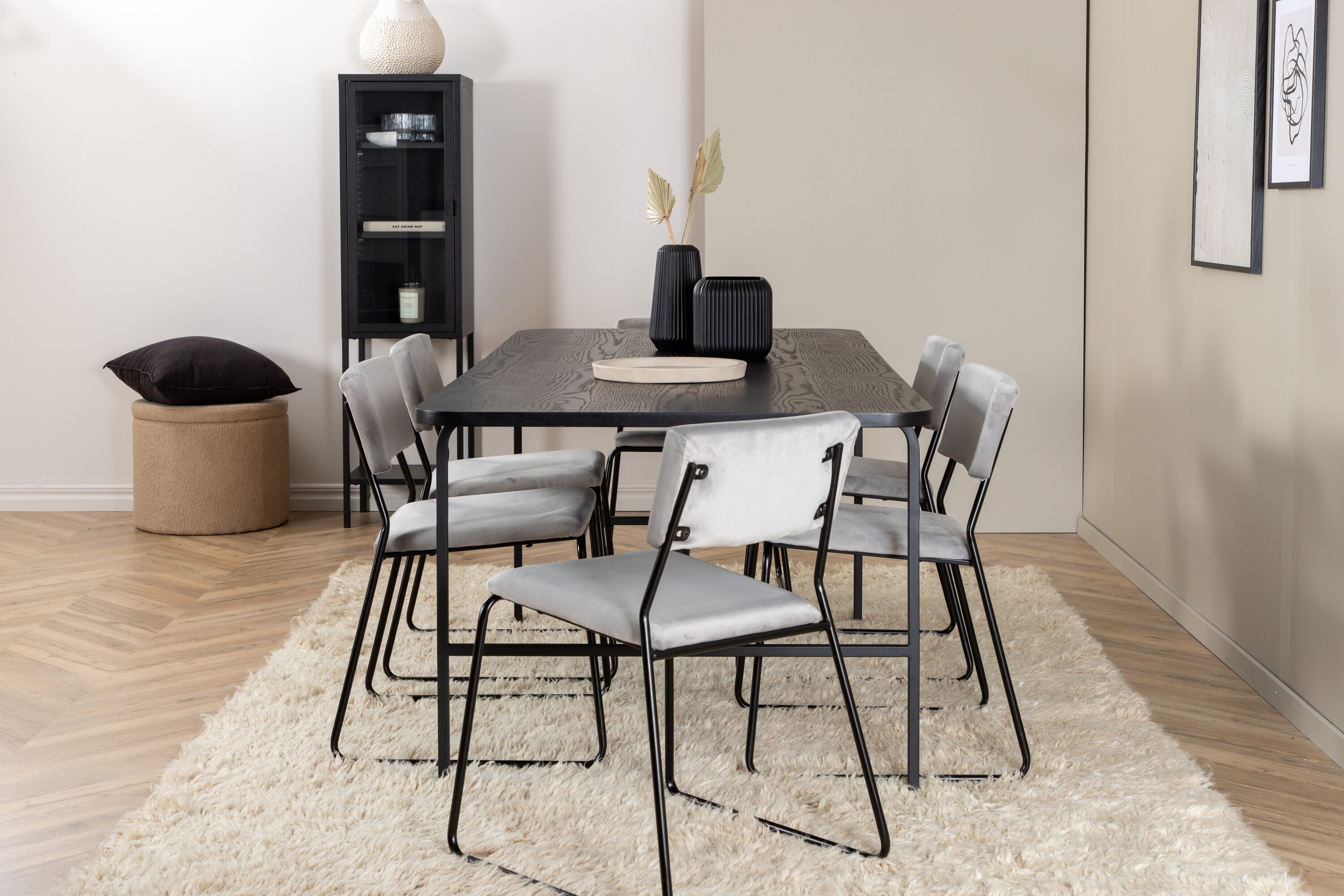 Détail du ensemble repas rectangulaire Uno, Kenth noir, gris clair, gris Table : 74 x 200 x 90 Chaise : 52 x 76 x 40 cm