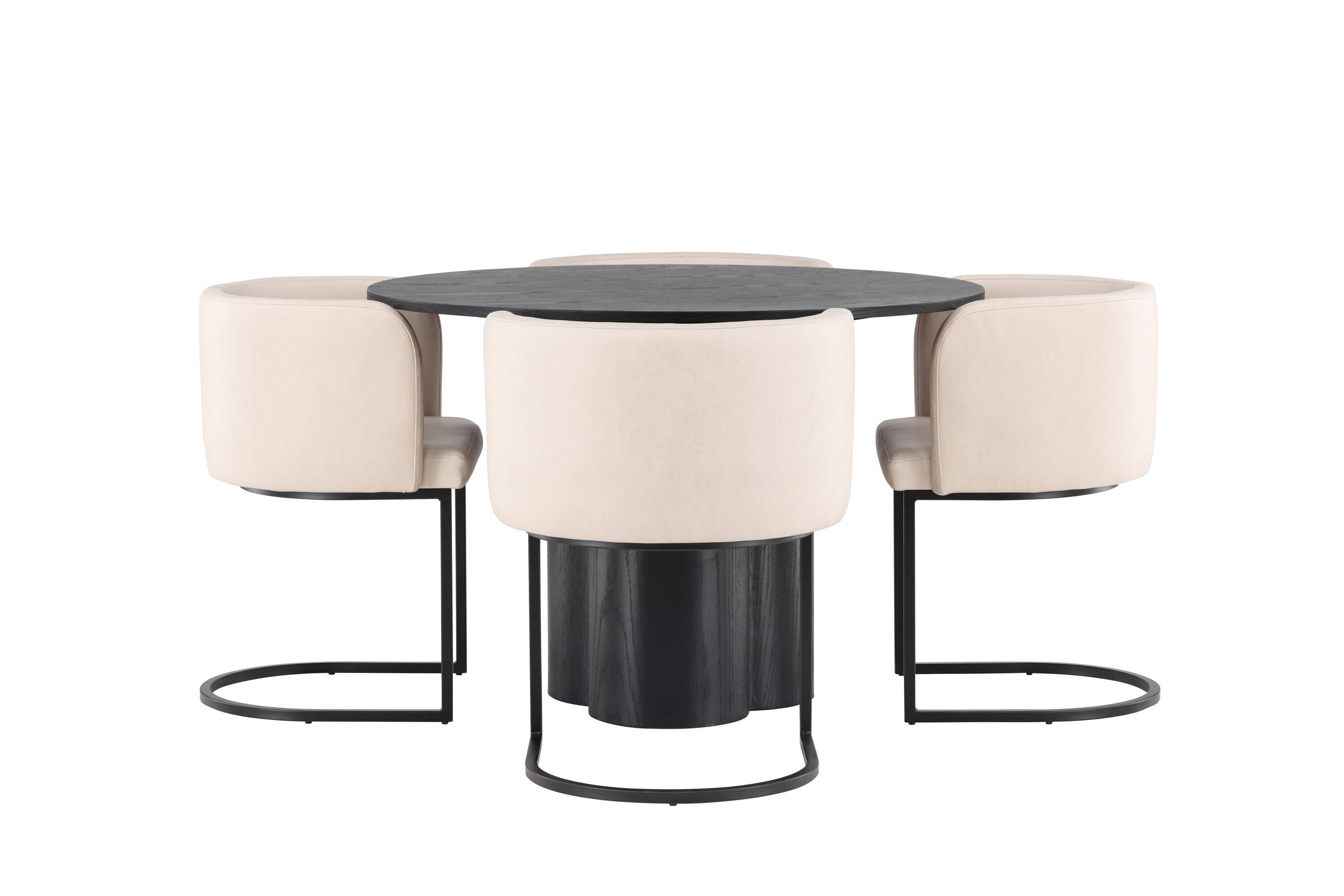 Olivia, Simrishamn ensemble repas rond noir, beige Table : ⌀110 Chaise : 60 x 75 x 51 cm sur fond clair