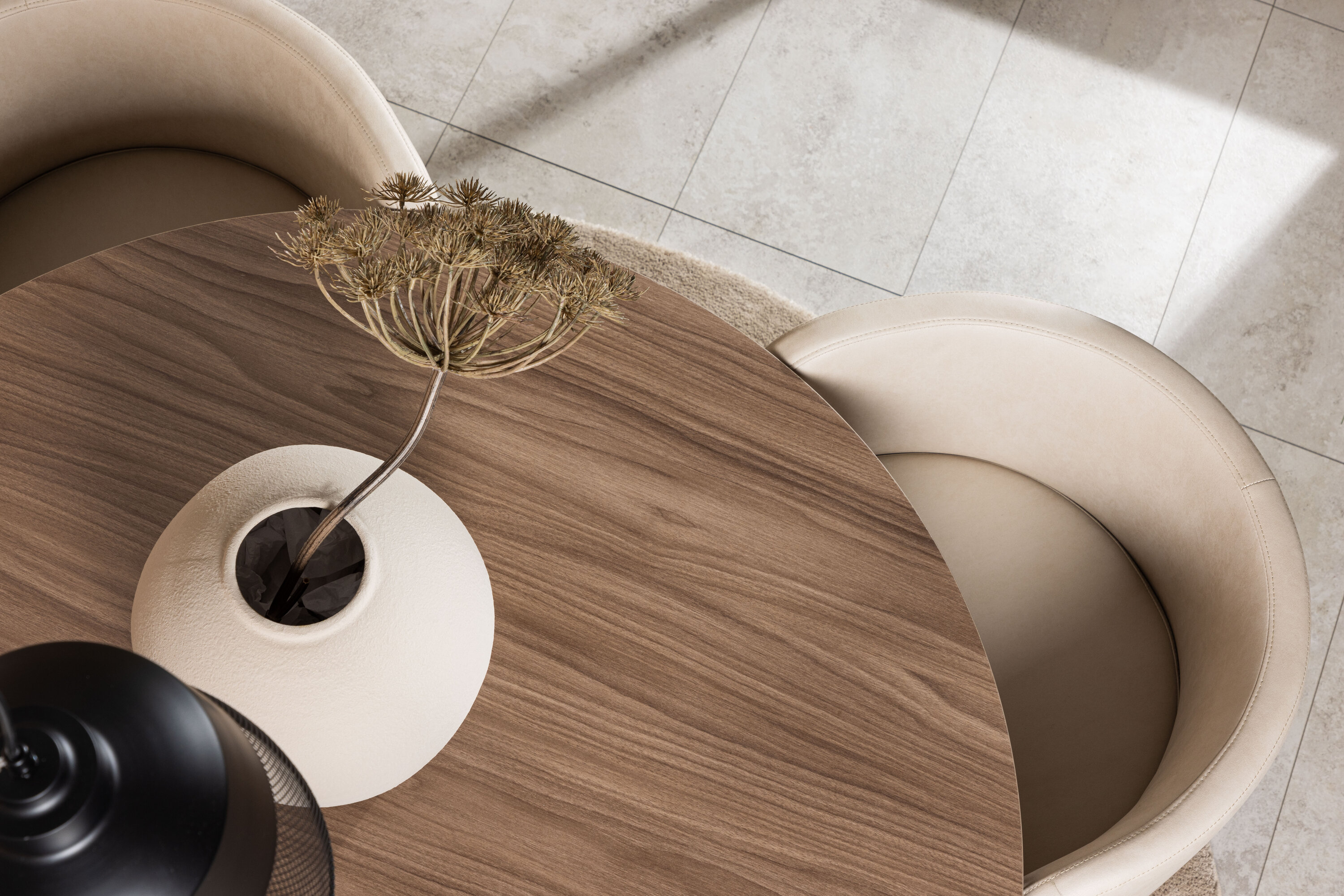 Durango, Simrishamn ensemble repas rond noyer, beige, noir Table : ⌀120 Chaise : 60 x 75 x 51 cm en situation dans une pièce décorée