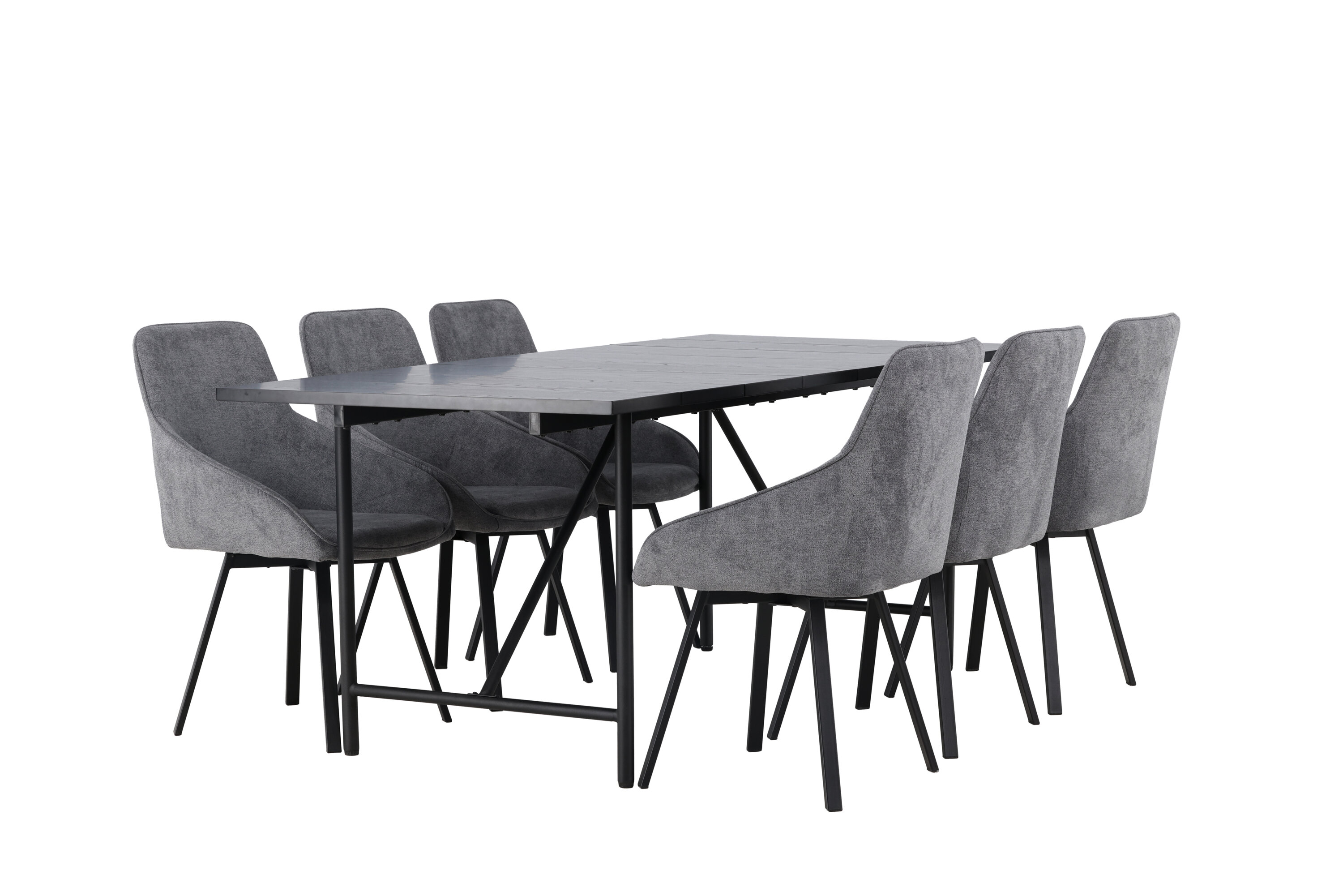 Astrid, Rosie ensemble repas rectangulaire noir, gris Table : 75 x 200 x 90 Chaise : 60 x 88 x 55 cm sur fond clair