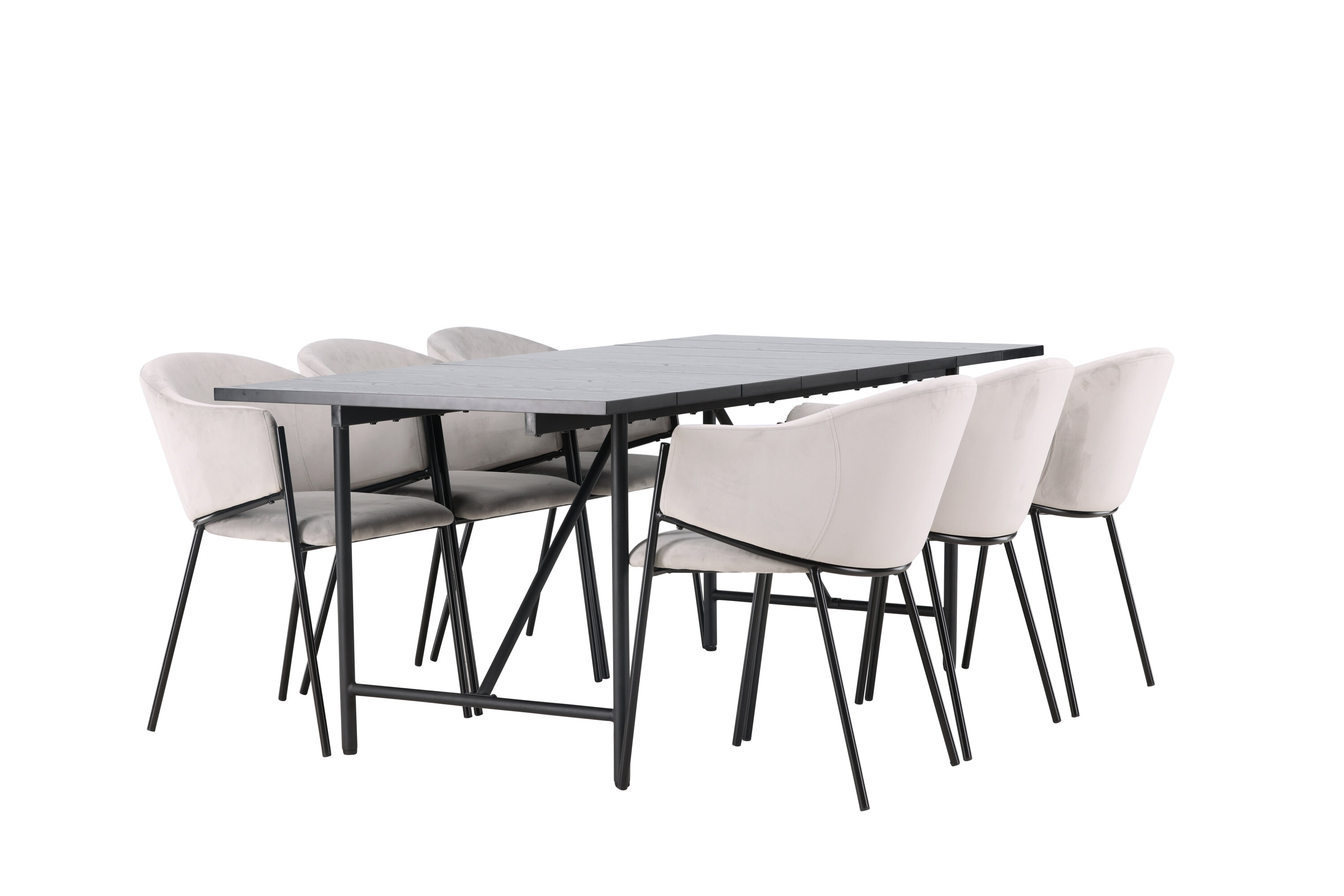 Astrid, Evelina ensemble repas rectangulaire noir, gris Table : 75 x 200 x 90 Chaise : 62 x 80 x 54 cm sur fond clair