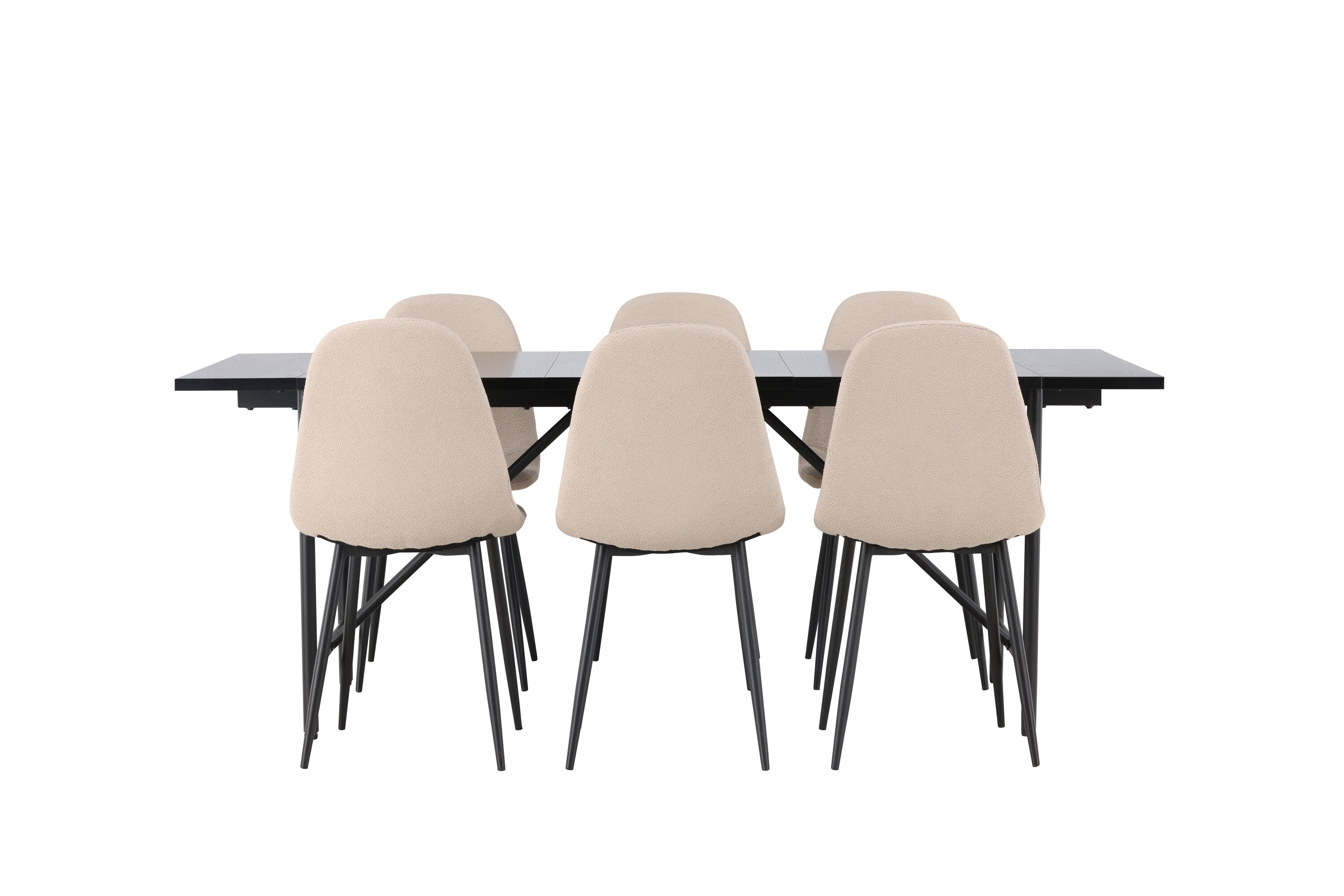 Astrid, Polar ensemble repas rectangulaire noir, beige Table : 75 x 200 x 90 Chaise : 52 x 90 x 45 cm sur fond clair