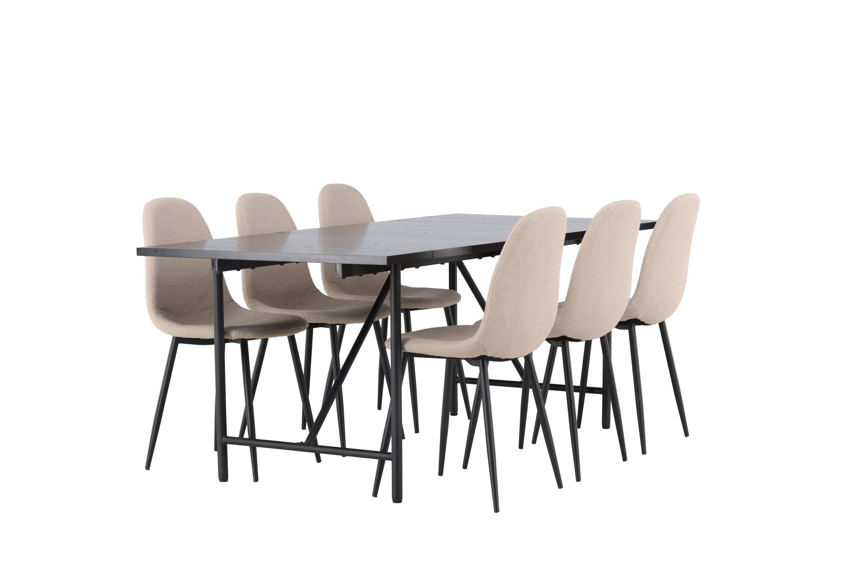 Astrid, Polar ensemble repas rectangulaire noir, beige Table : 75 x 200 x 90 Chaise : 52 x 90 x 45 cm sur fond clair