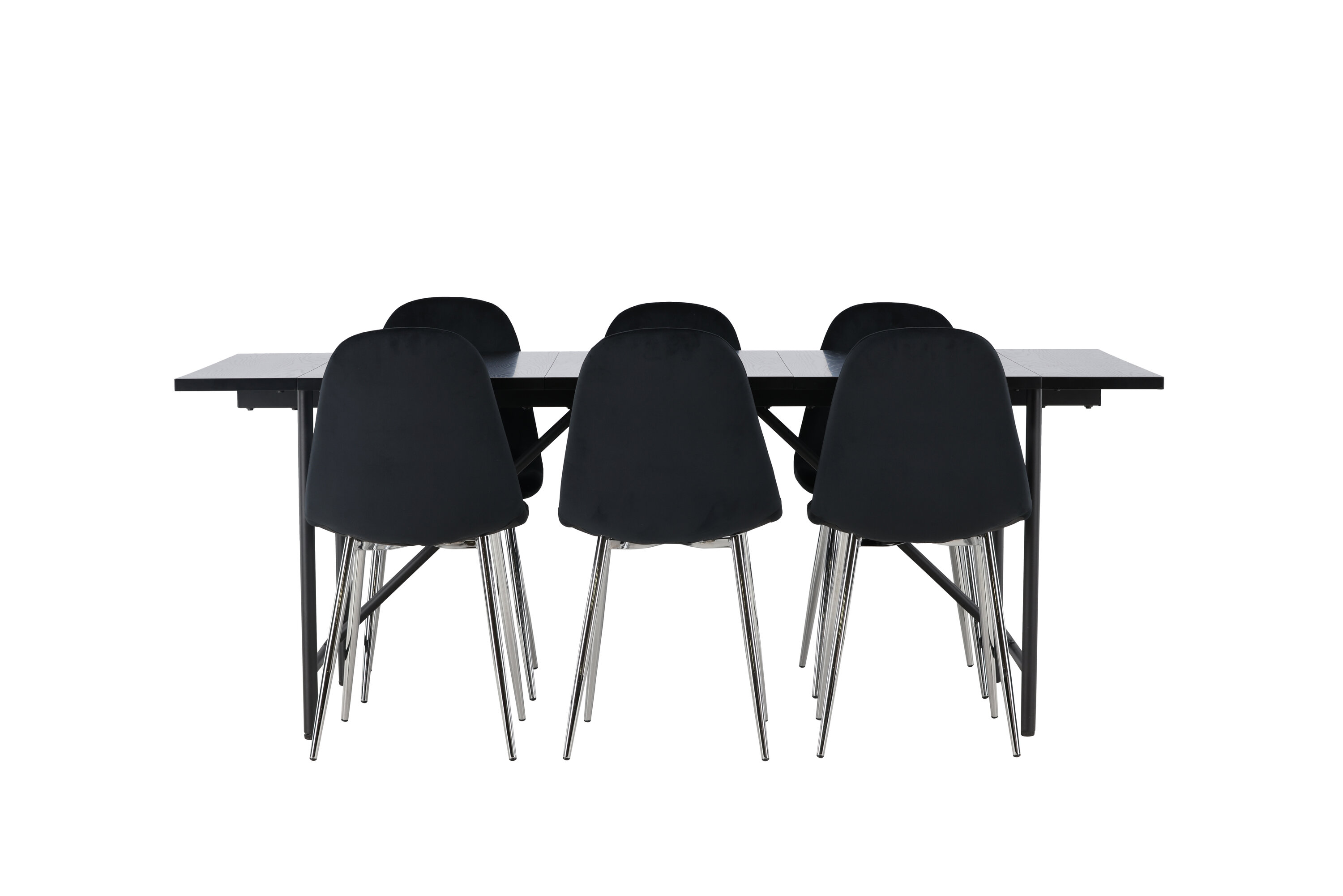 Astrid, Polar ensemble repas rectangulaire noir, argenté Table : 75 x 200 x 90 Chaise : 52 x 90 x 45 cm sur fond clair