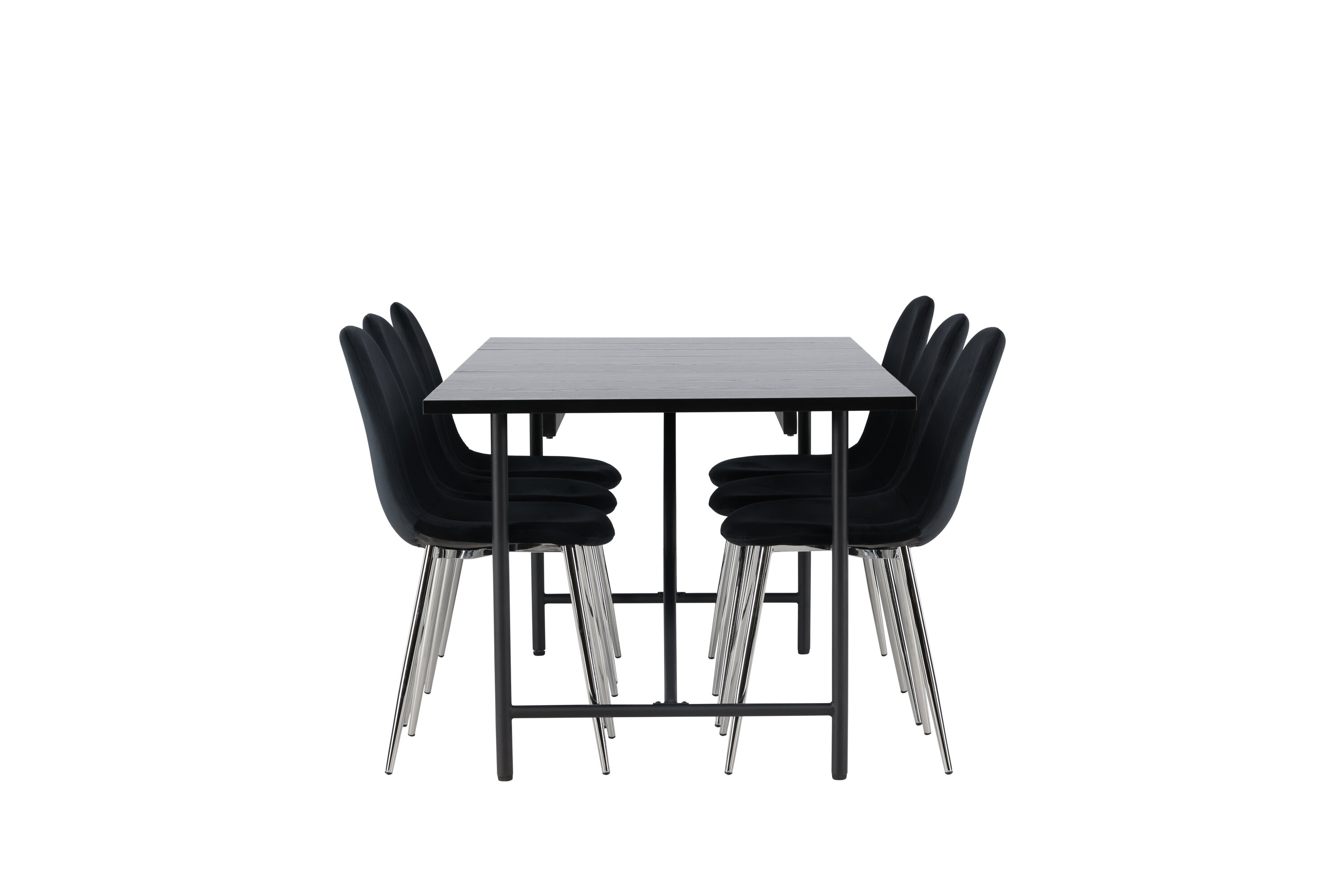 Astrid, Polar ensemble repas rectangulaire noir, argenté Table : 75 x 200 x 90 Chaise : 52 x 90 x 45 cm sur fond clair