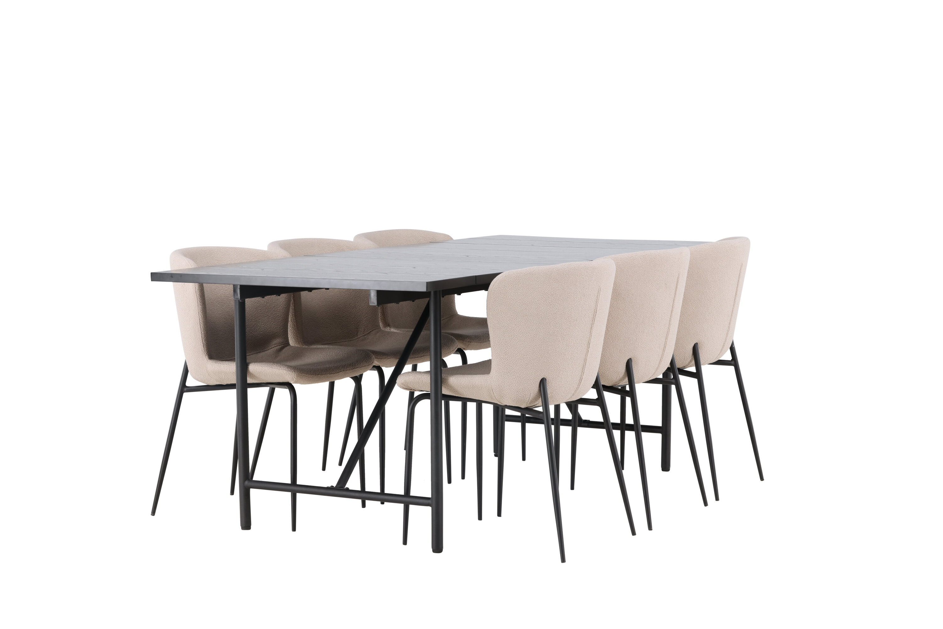 Astrid, Modesto ensemble repas rectangulaire noir, beige Table : 75 x 200 x 90 Chaise : 54 x 79,5 x 48 cm sur fond clair