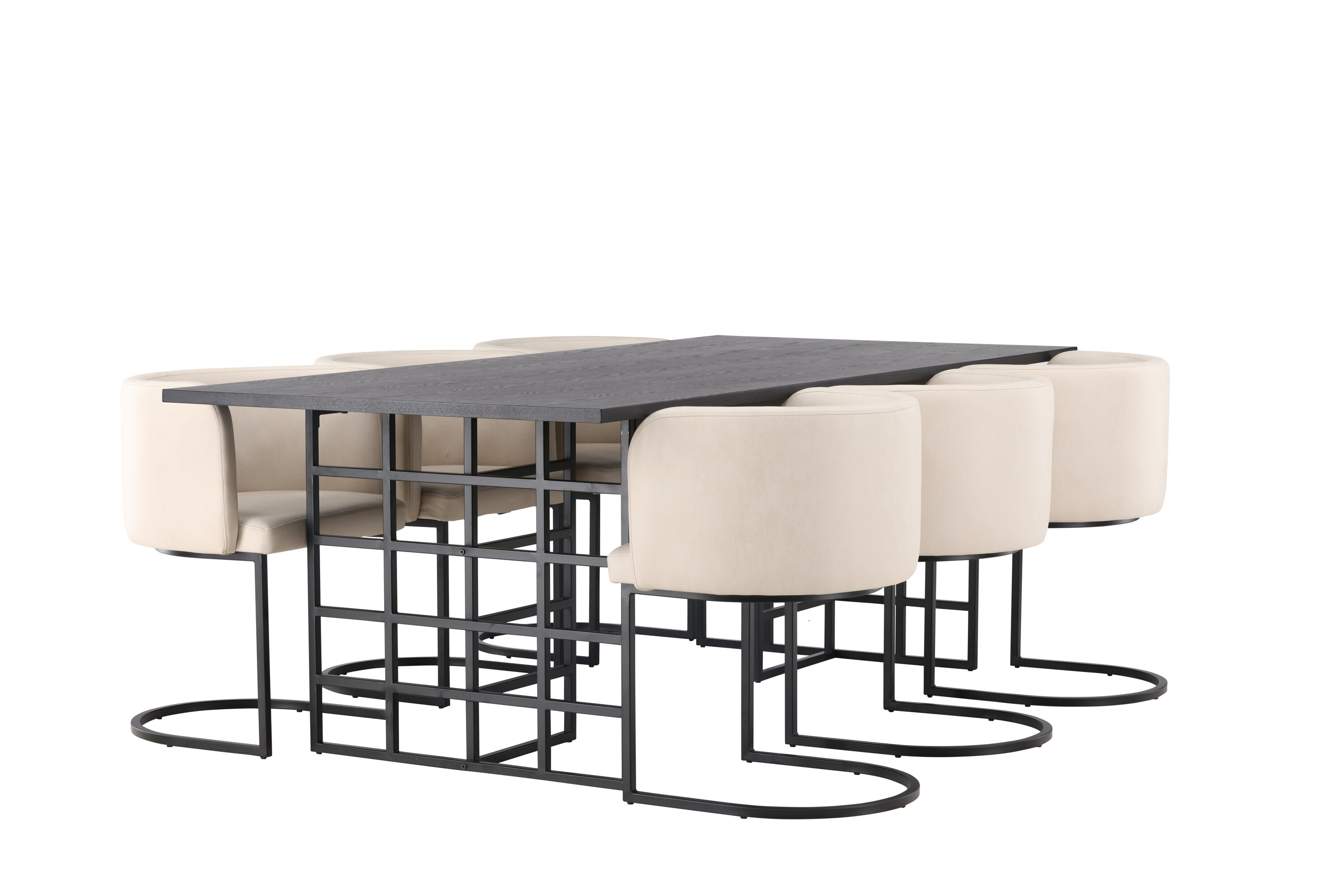 Ystad, Simrishamn ensemble repas rectangulaire noir, beige Table : 75 x 220 x 100 Chaise : 60 x 75 x 51 cm sur fond clair