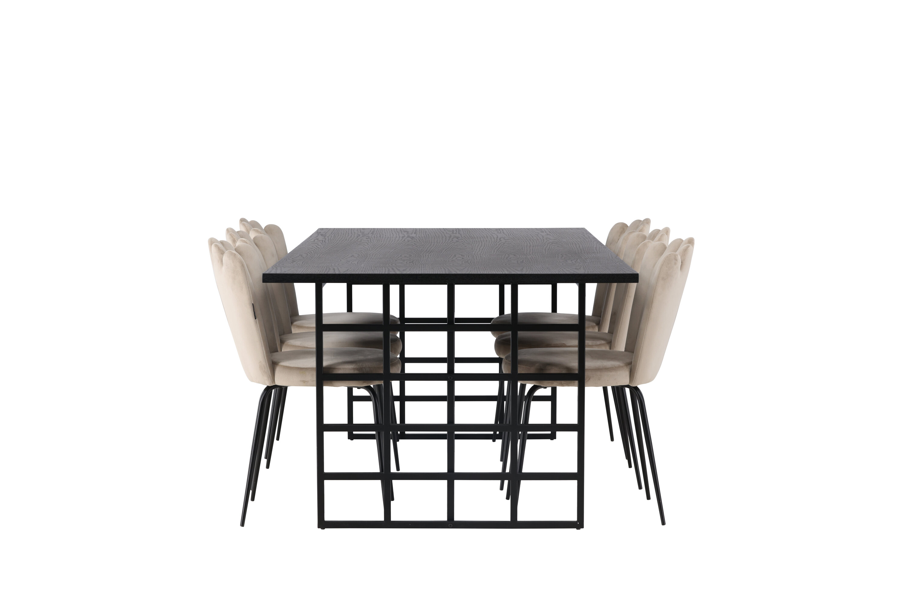 Ystad, Limhamn ensemble repas rectangulaire noir, beige Table : 75 x 220 x 100 Chaise : 42 x 82 x 44 cm sur fond clair